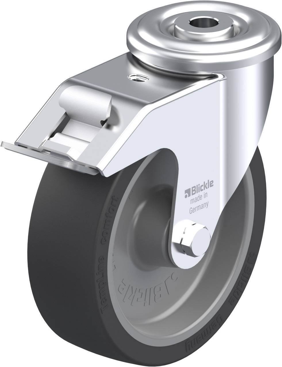 Metall-Rollenlager mit grauem Gummirad. Aufschrift auf der Rolle: 'Blickle made in Germany'.