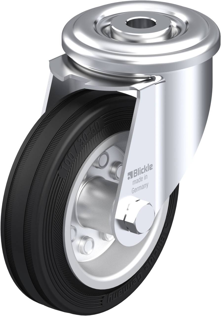 Ein silbernes Rollengehäuse mit einem schwarzen Rad. Das Gehäuse ist sechseckig, während das Rad eine glatte Oberfläche hat.