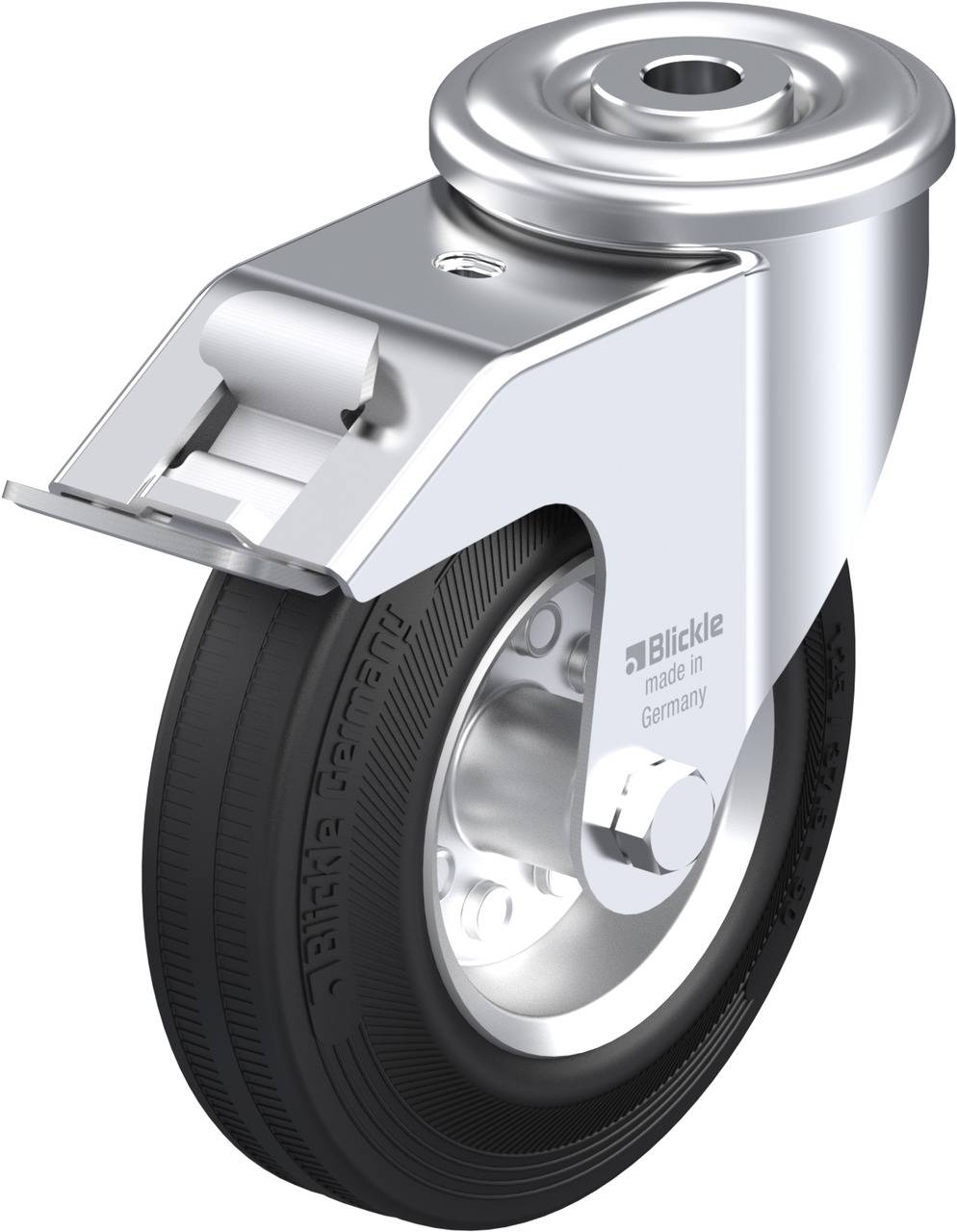 Schwenkrolle mit schwarzem Gummireifen und silbernem Gehäuse, hergestellt in Deutschland. Geeignet für bewegliche Geräteteile.