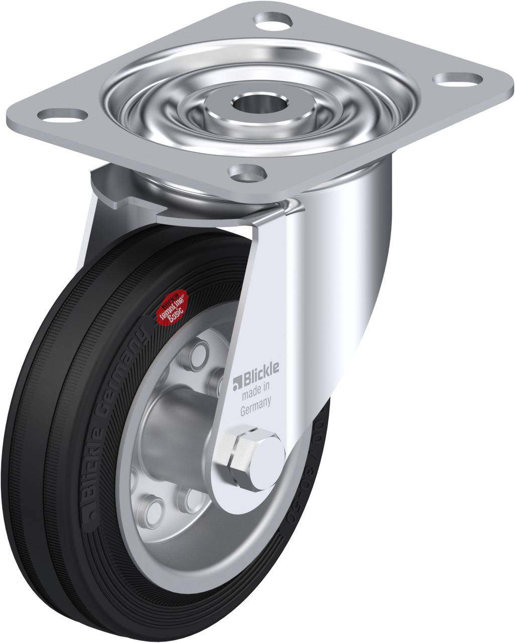 Schwenkrolle mit schwarzem Rad, silberner Metallhalterung und vier Befestigungslöchern. Aufschrift 'Germany' sichtbar.