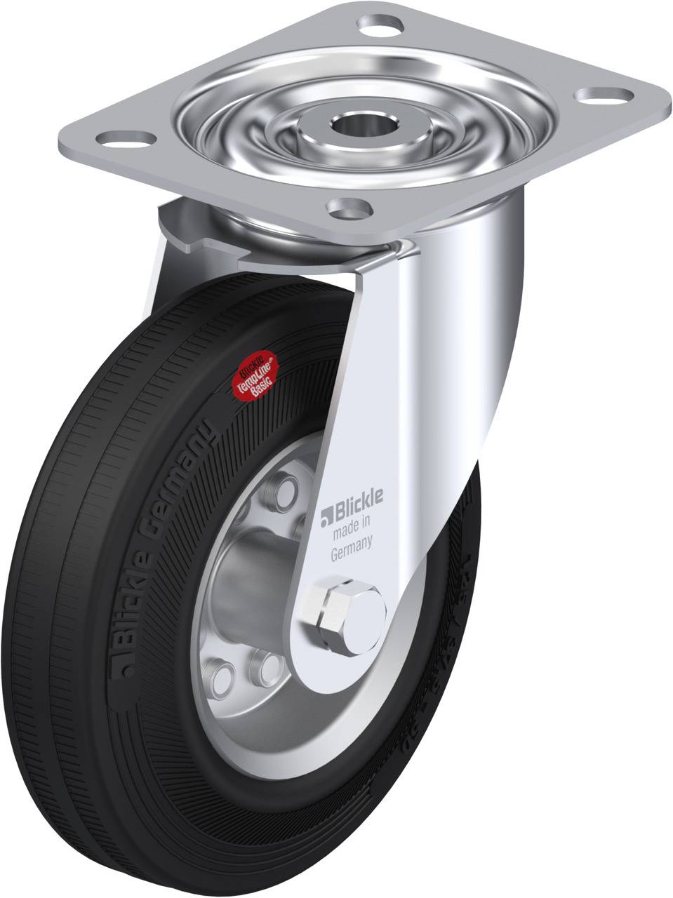 Schwenkrolle mit schwarzem Gummireifen und Metallgabel, produziert von 'Blickle made in Germany', für Transportgeräte.