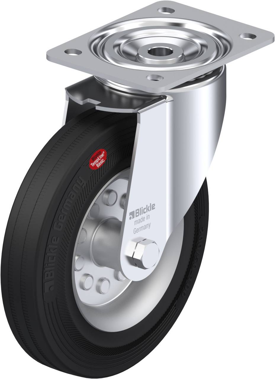 Ein schwarzes Rad aus Gummi mit silberner Halterung und Platte, beschriftet mit 'Blickle Made in Germany'.
