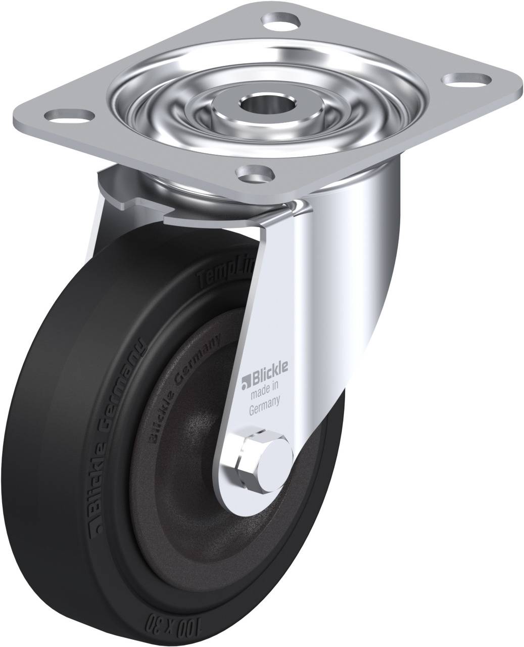 Schwenkrolle mit schwarzem Rad und Metallgehäuse, geeignet für industrielle Anwendungen; Platte oben zur Befestigung.