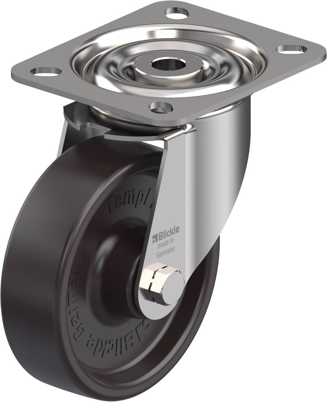 Schwenkrolle mit Halterung aus Metall und schwarzem Rad. Geeignet für Möbel oder Geräte mit Rollen, zur einfachen Bewegung.