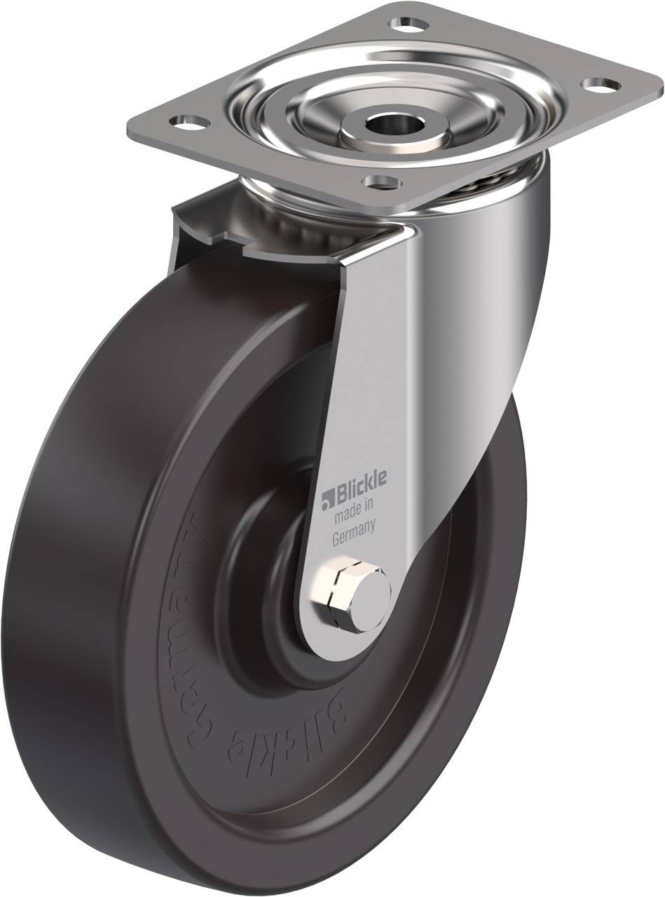 Ein schwarzes, drehbares Rad aus Metall und Kunststoff, montiert an einer Befestigungsplatte, geeignet für Möbel oder Geräte.