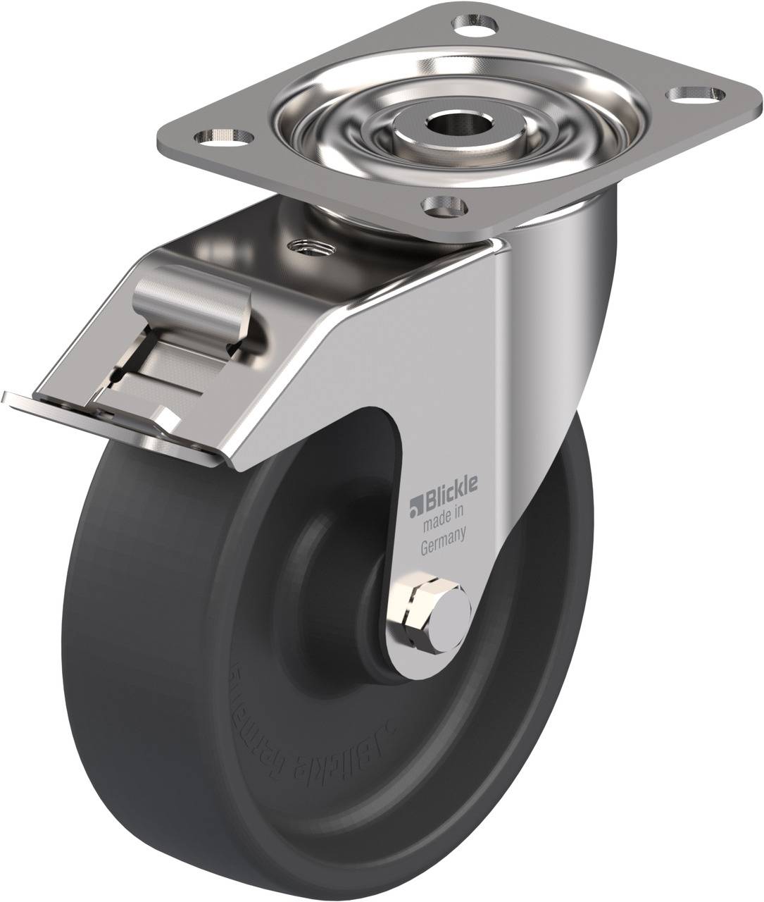 Ein drehbares Bockrolle-Rad aus Metall, geeignet für Transportwagen oder Möbel. Es hat eine Metallscheibe für die Schraubbefestigung.