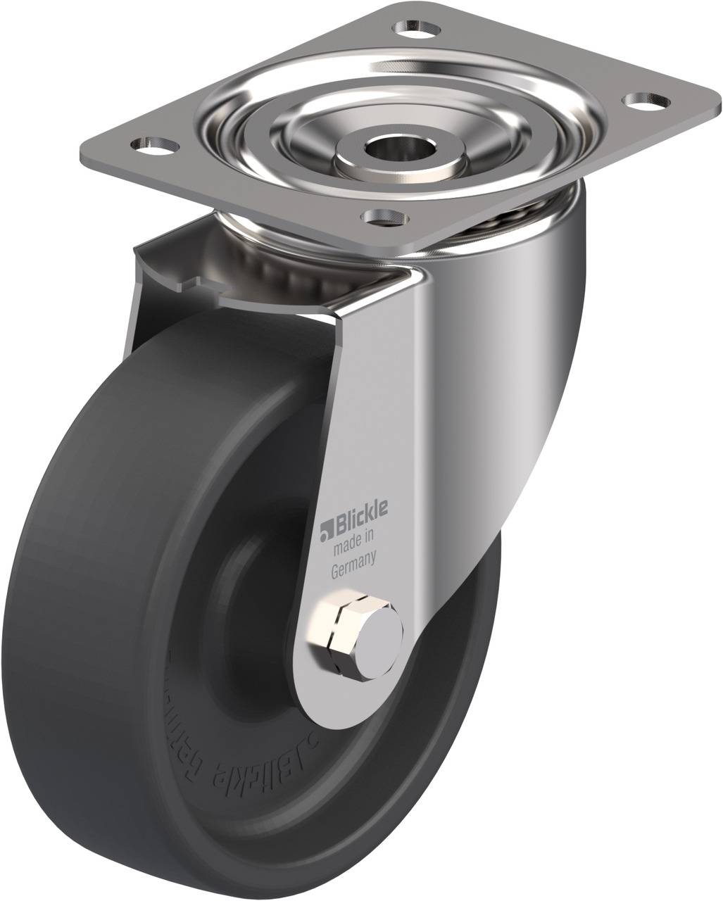 Metallrolle mit schwarzem Rad und drehbarer Befestigungsplatte, geeignet für industrielle Anwendungen.