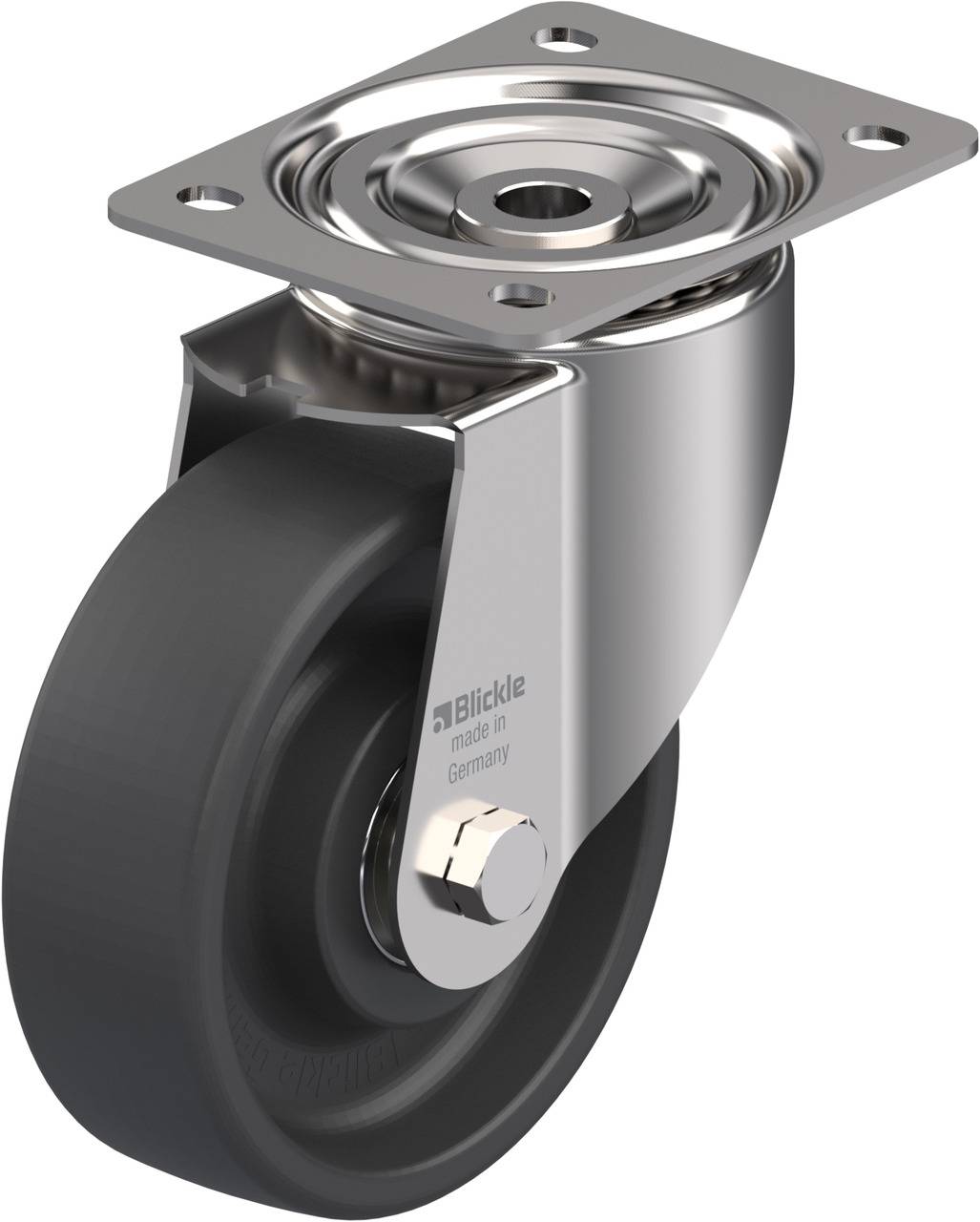 Schwenkrolle mit grauem Gummirad, glänzendem Metallgehäuse und Befestigungsplatte. Aufschrift: 'Blickle made in Germany'.