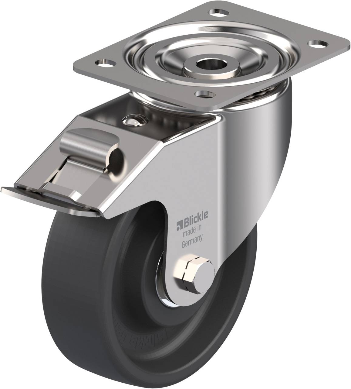 Schwenkrolle aus Metall mit schwarzem Rad, Montageplatte und Feststeller. Aufschrift 'Blickle, made in Germany'.