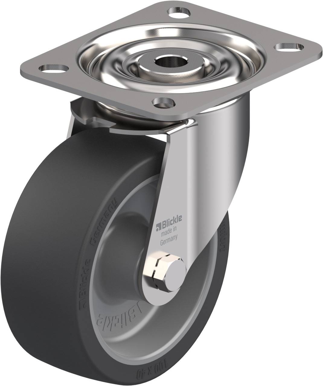 Silbernes Lenkrollenrad mit schwarzem Reifen und rechteckiger Metallhalterung, seitlich montiert. Gefertigt von Blickle.