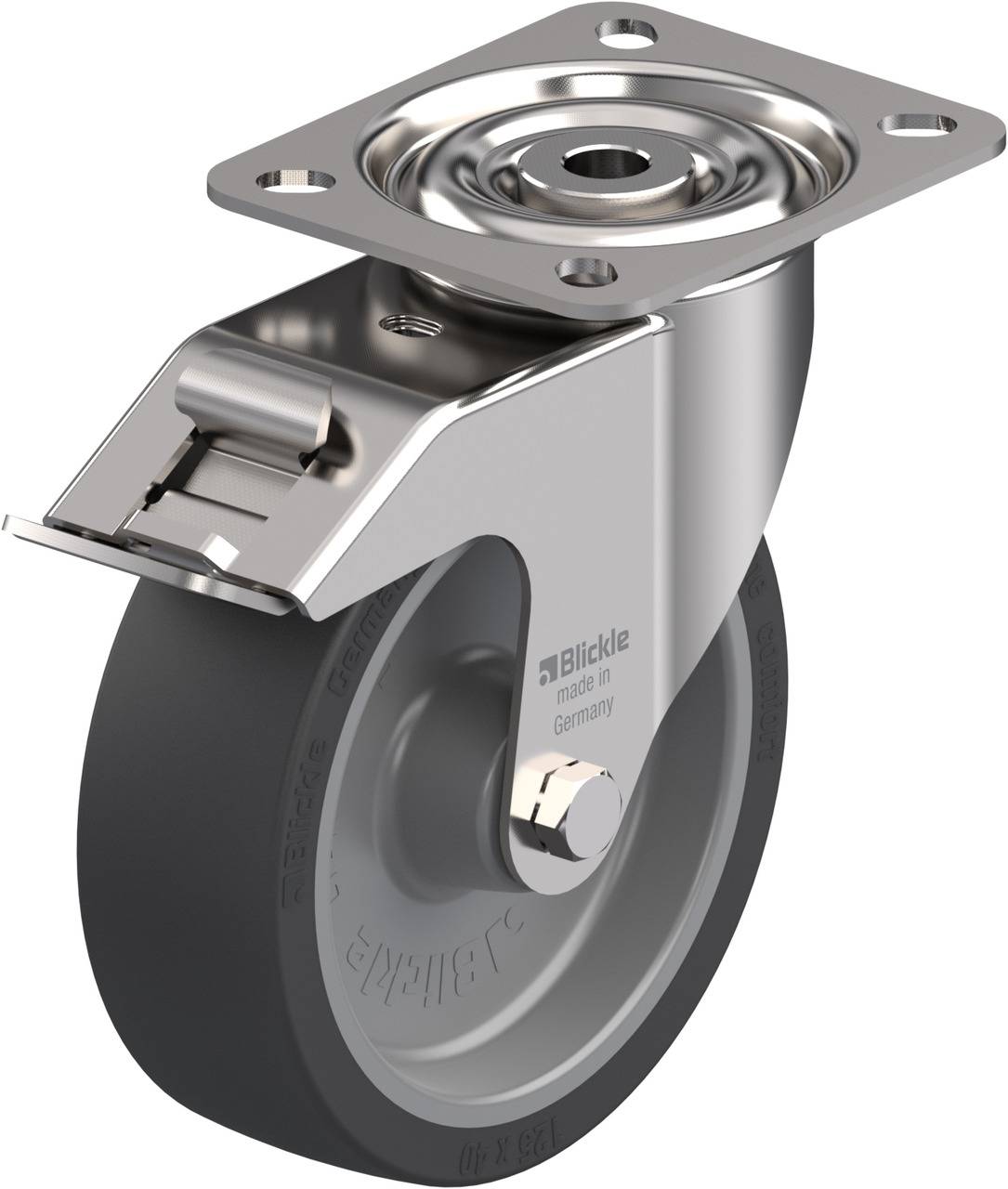 Metall-Lenkrolle mit grauer Gummibereifung und einem Drehgelenk, geeignet für den Einsatz an Transportwagen oder Möbeln.