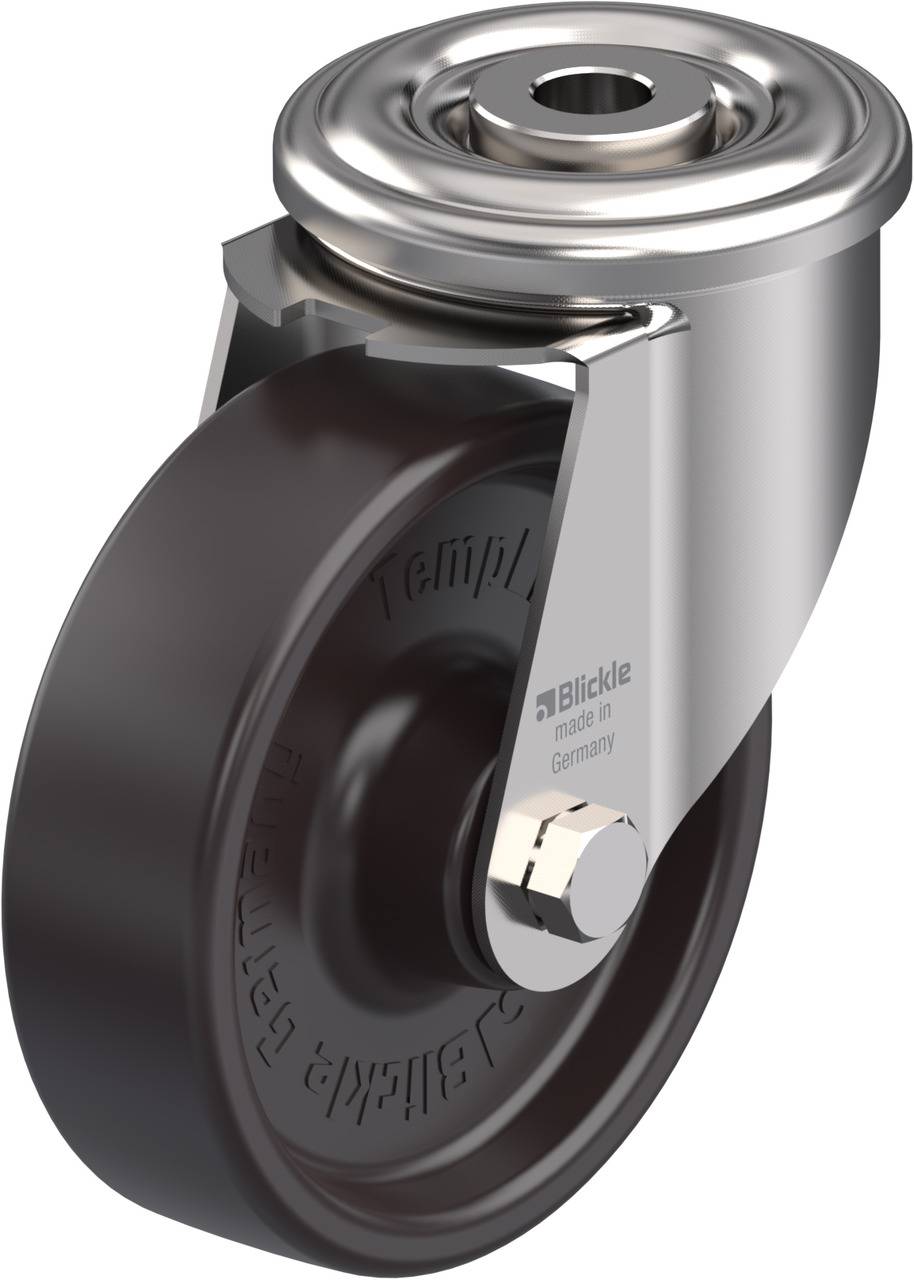 Metallrolle mit schwarzem Rad, Befestigungsplatte oben, geeignet für industrielle Anwendungen. Hergestellt in Deutschland von Blickle.