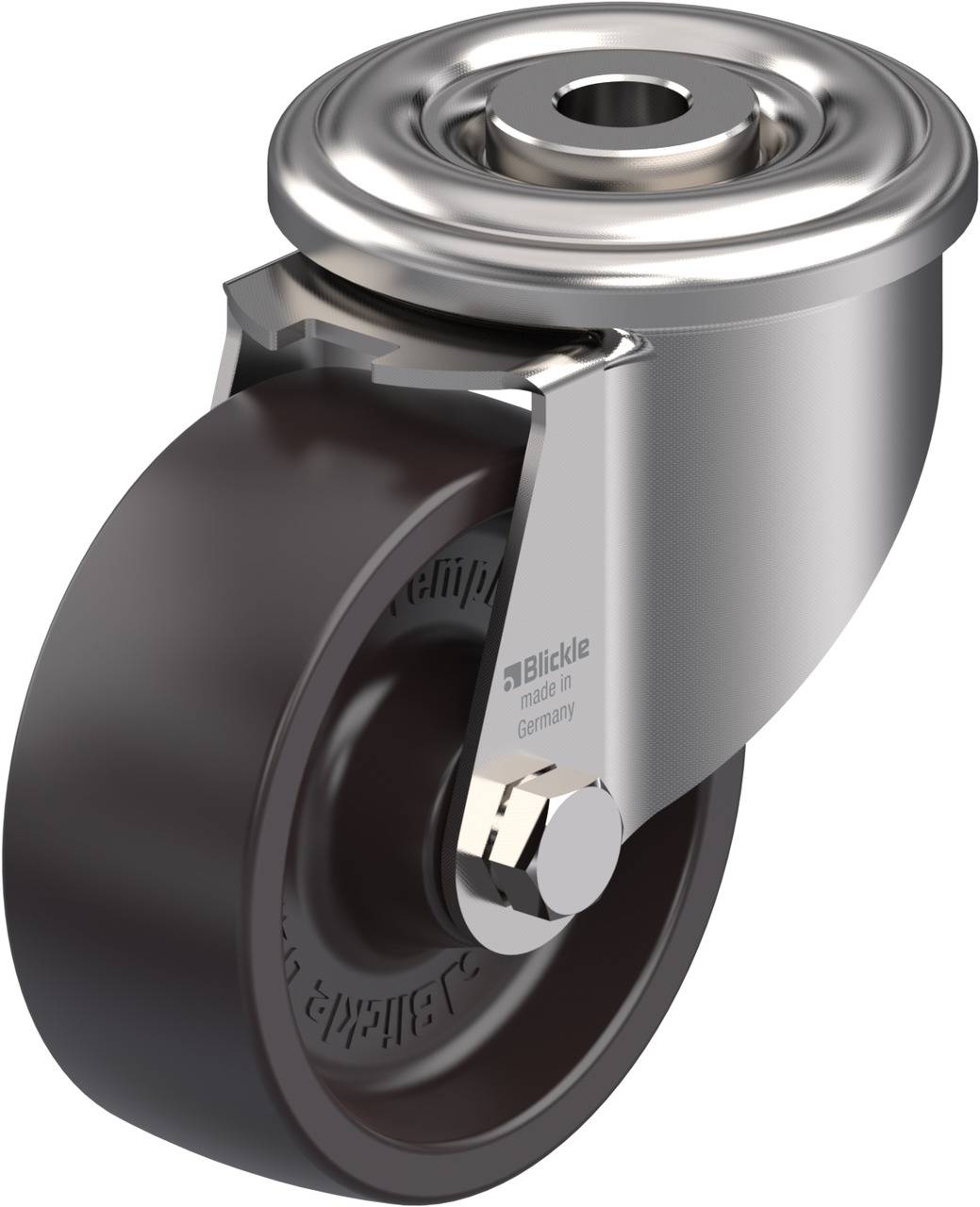 Ein einzelnes Lenkrollenkreuzgehäuse mit Gummirad, glänzender Metallgabel und Kugellager, geeignet für leichten bis mittelschweren Transport.