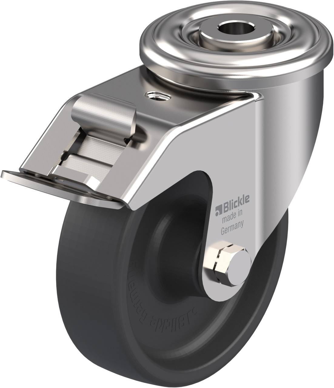 Rollenbock aus Metall mit schwarzem Rad, geeignet für schwere Lasten. Markierung 'made in Germany' sichtbar auf dem Halter.