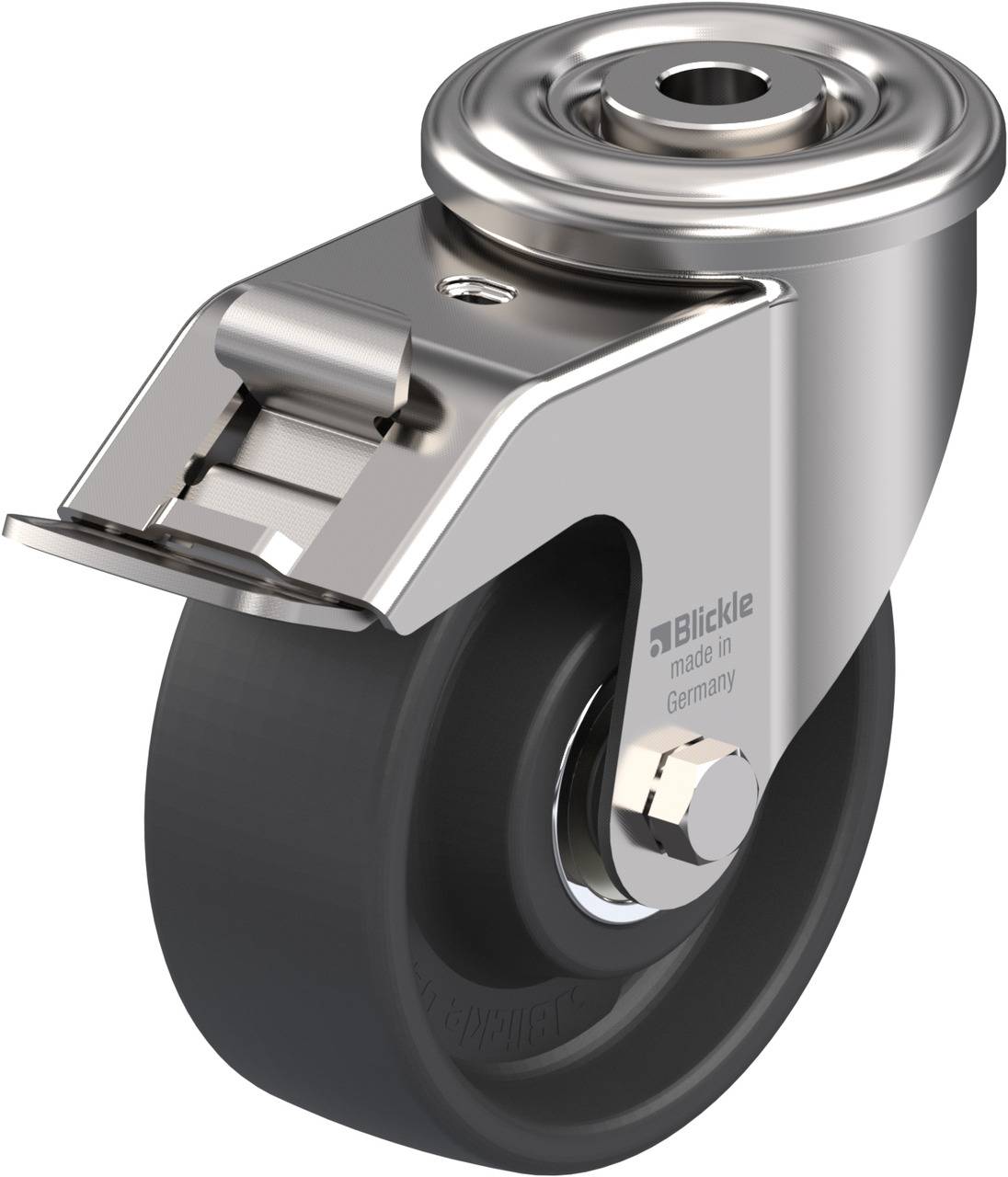 Ein einzelnes, drehbares Rad mit Metallgehäuse und Bremse, beschriftet mit 'made in Germany', vermutlich von der Marke Blickle.