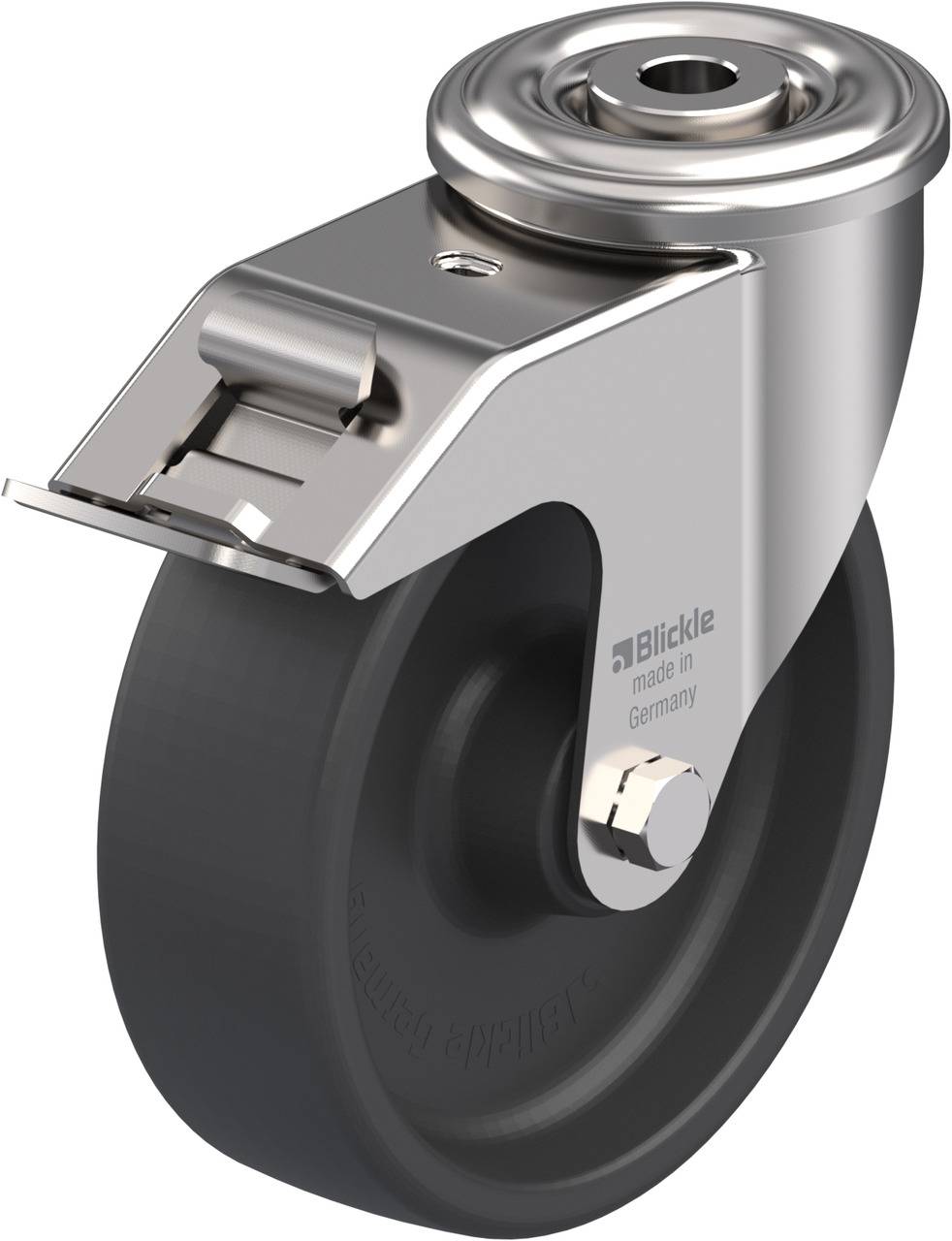 Industrie-Lenkrolle aus Metall und Kunststoff, mit Bremse und schwarzem Rad. Beschriftet mit 'Blickle made in Germany'.