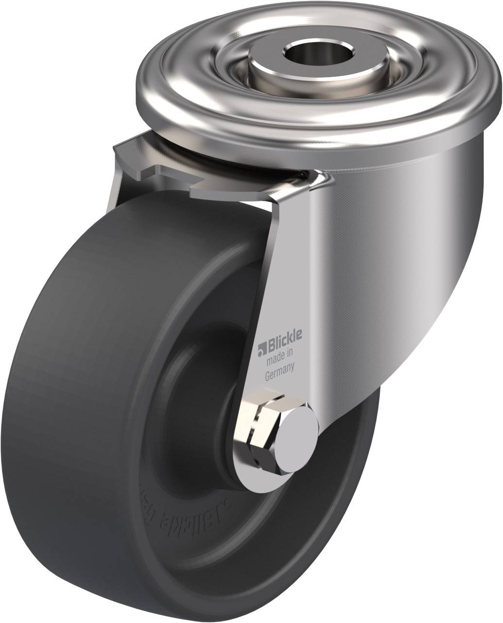 Industrie-Lenkrolle aus Metall mit schwarzem Rad und glänzendem Gehäuse. Gedacht für schwere Lasten in industriellen Anwendungen.