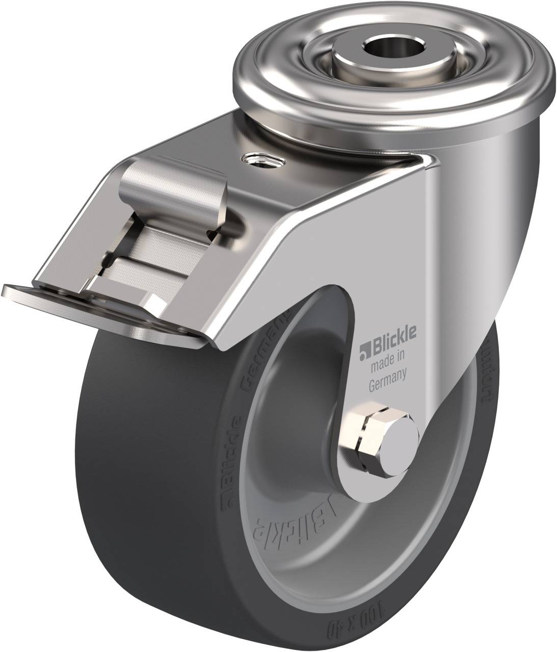 Industrielle Rolle aus Metall mit schwarzem Rad. Geprägt mit 'Blickle made in Germany'. Oberes Lager und Schraubverschluss sichtbar.