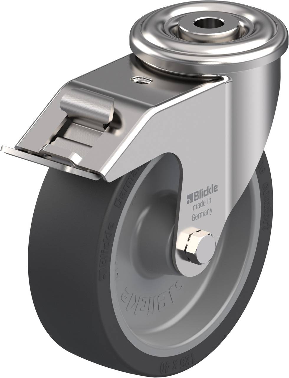 Metallisches Lenkrolle mit Bremse und schwarzem Rad, geeignet für industrielle Anwendungen.