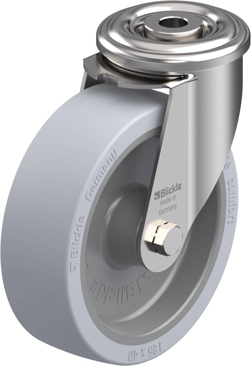 Graues Transportgerät-Rad aus Metall und Kunststoff, mit Edelstahlhalterung, Firmenlogo 'Blickle'. Geeignet für industriellen Einsatz.