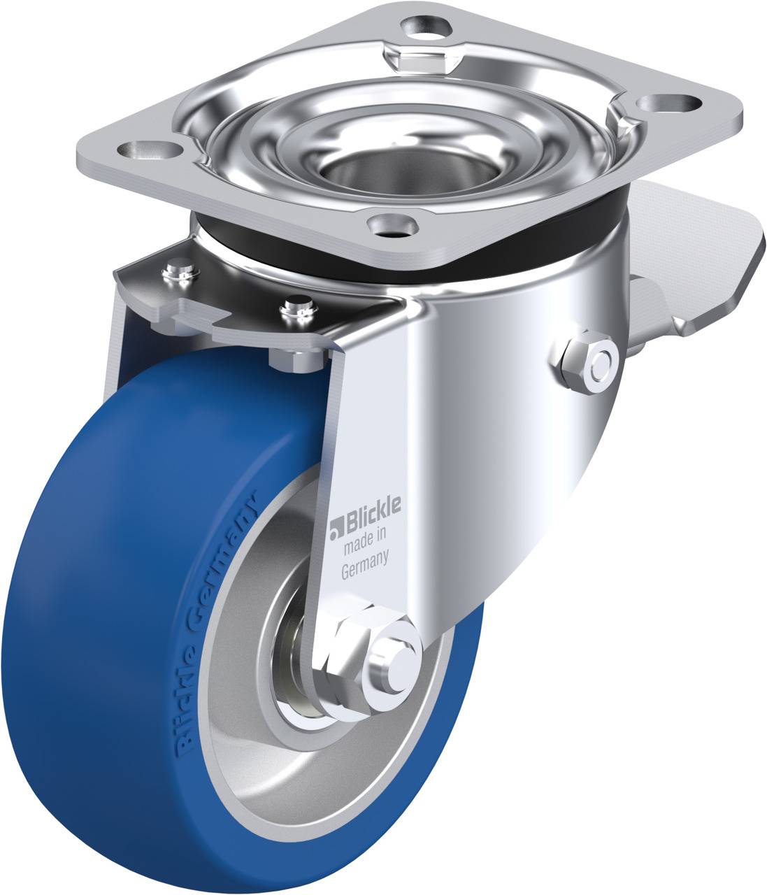 Metall-Lenkrolle mit blauem Rad und Befestigungsplatte. Enthält die Aufschrift 'Blickle made in Germany'. Geeignet für schwere Lasten.