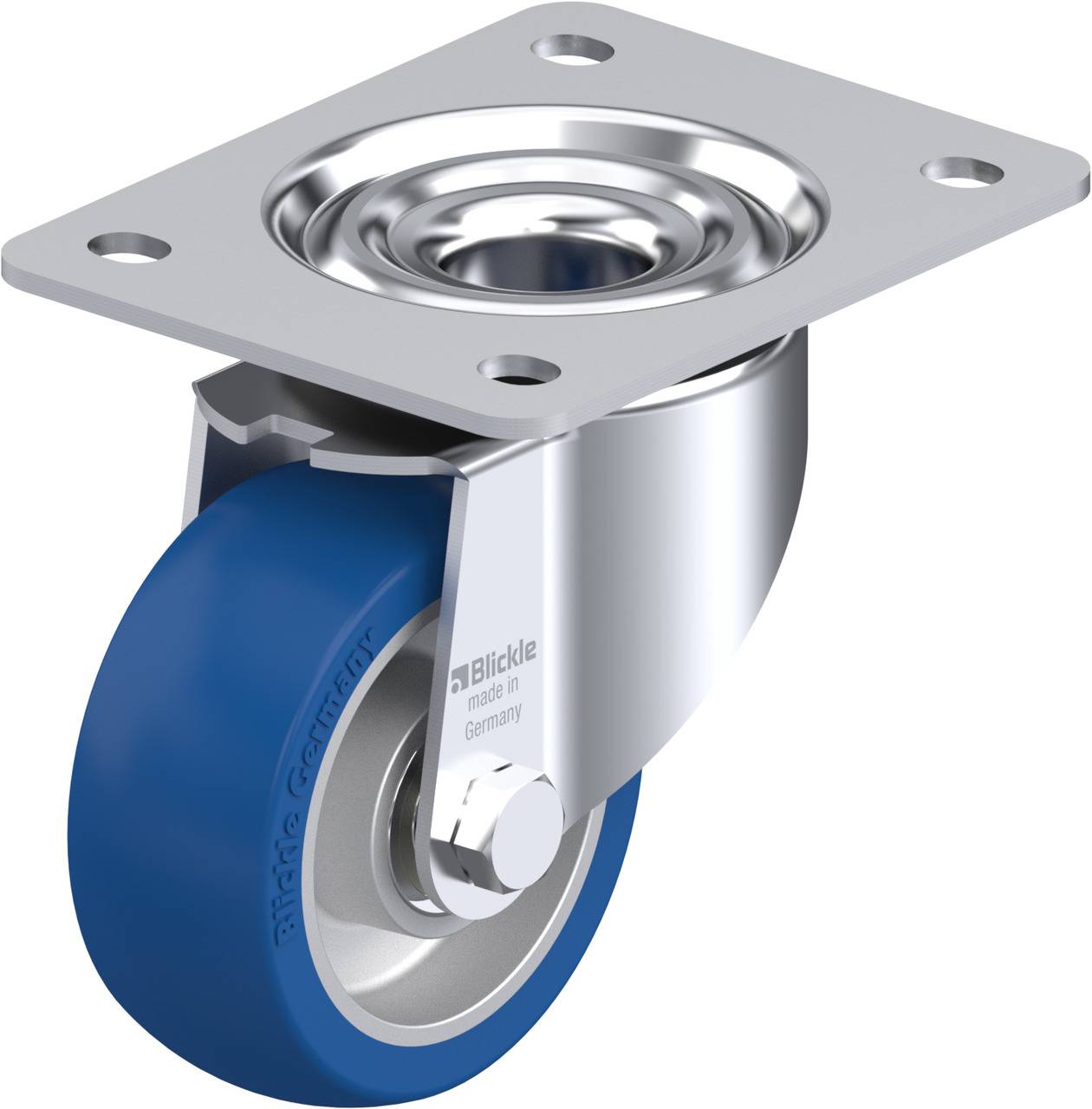 Ein blaues Bockrollenrad mit Metallgehäuse und rechteckiger Befestigungsplatte, geeignet für Möbel oder Geräte.