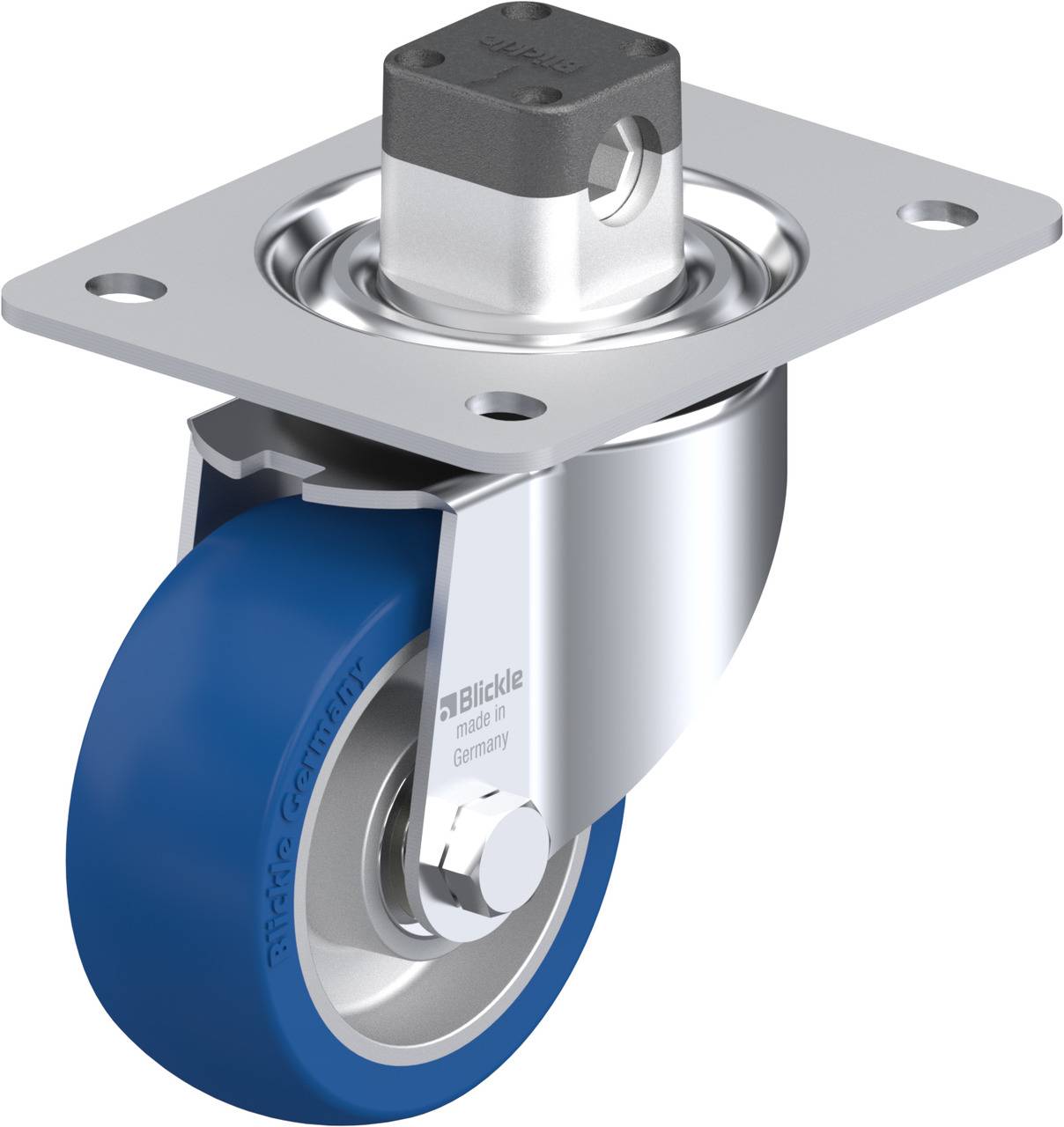 Schwenkrolle mit blauer Kunststoffbereifung und Metallhalterung, geeignet für bewegliche Geräte oder Möbel.