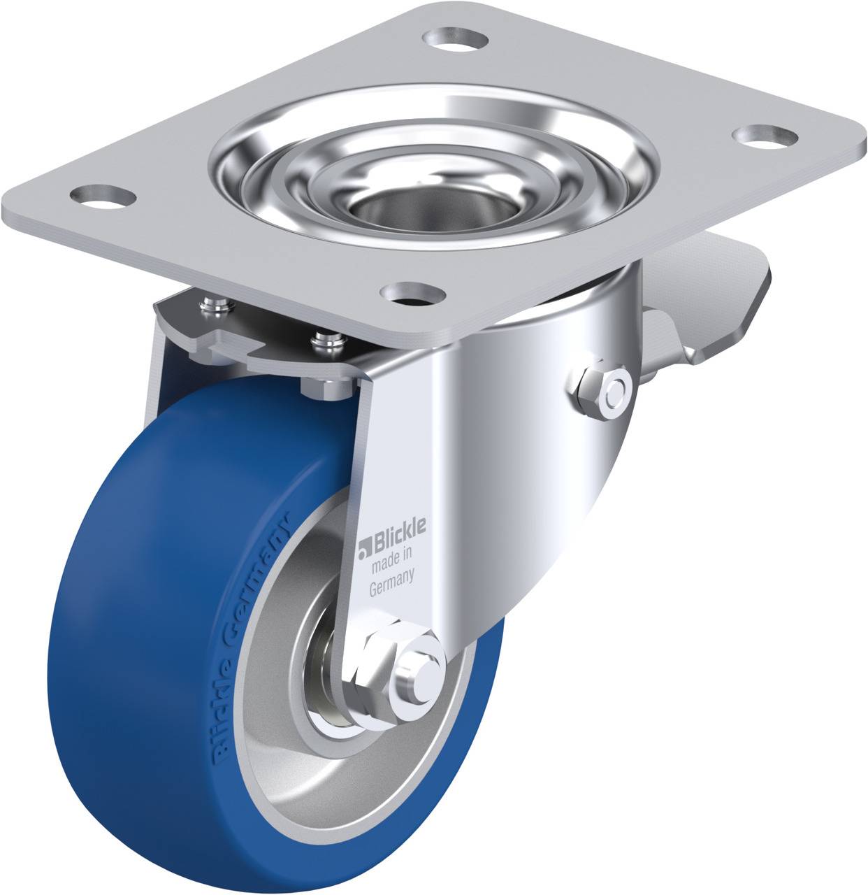 Industrielle Rollenrad in Blau und Silber mit Befestigungsplatte, geeignet für schwere Lasten.