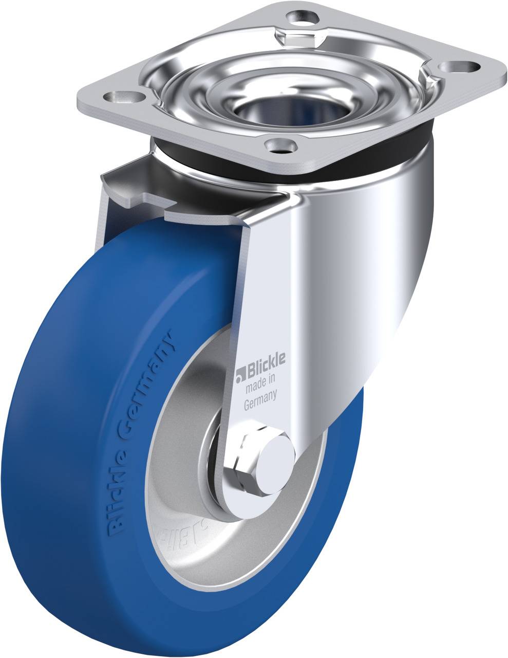 Blaues Bockrollenrad mit silberner Metallhalterung. Markierungen weisen auf deutsche Herstellung hin. Geeignet für industrielle Anwendungen.