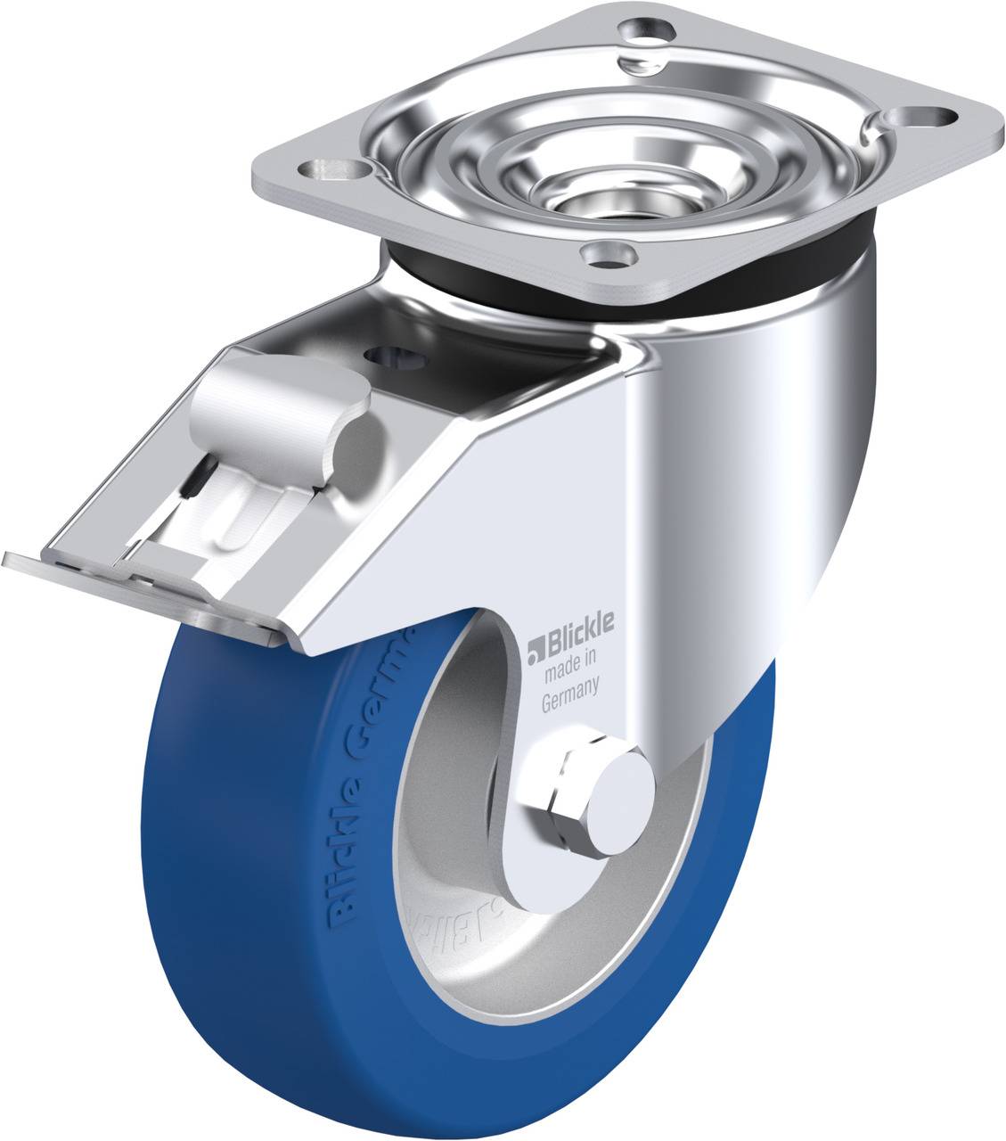 Metallenes Schwenk- und Lenkrolle mit blauer Gummibereifung und Montageplatte, geeignet für industriellen Einsatz.