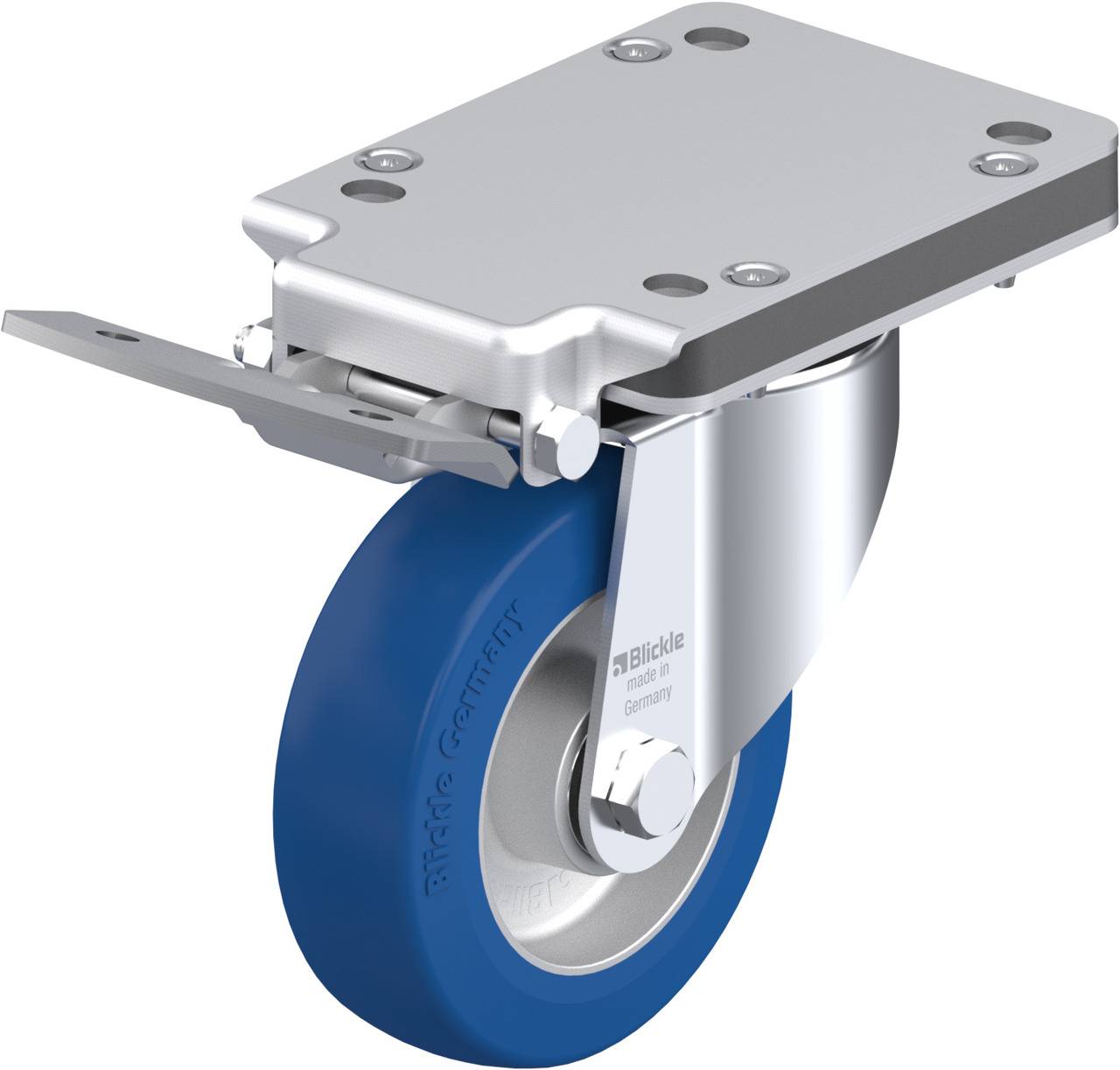 Transportrolle mit blauer Gummibereifung und silbernem Gehäuse, geeignet für Möbel oder Geräte mit erhöhter Manövrierfähigkeit.