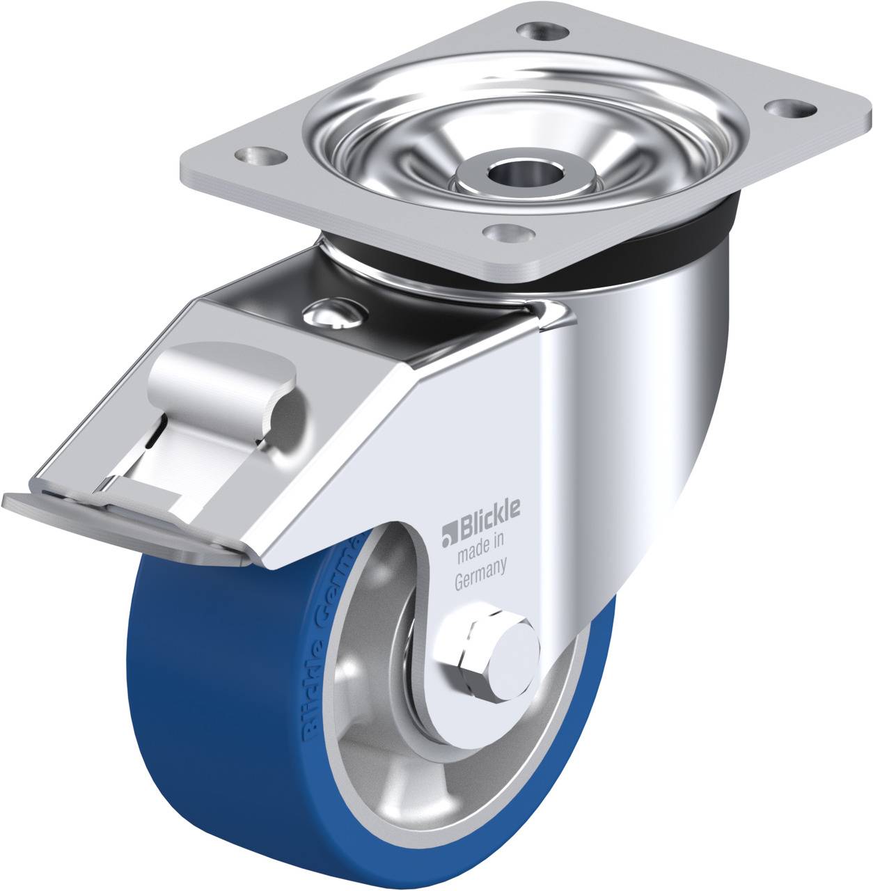 Metallisches Lenkrollenrad mit blauer Gummibeschichtung, drehbar, geeignet für industrielle Anwendungen. Made in Germany.