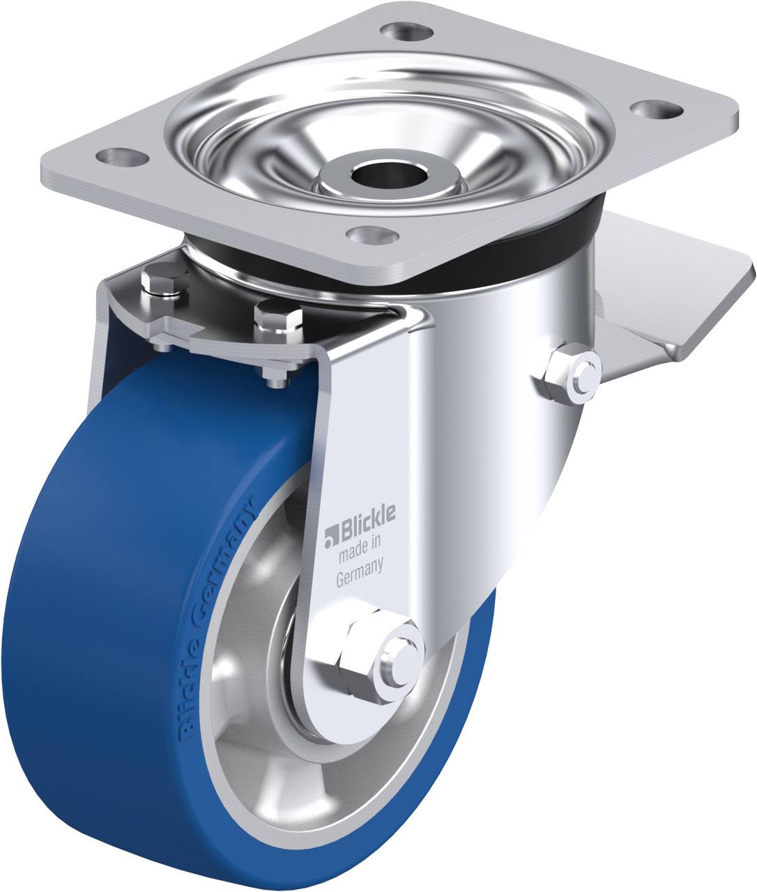 Drehbares Laufrollenrad mit blauem Gummi, montiert auf einer Metallplatte. Geeignet für Möbel oder Transportgeräte.