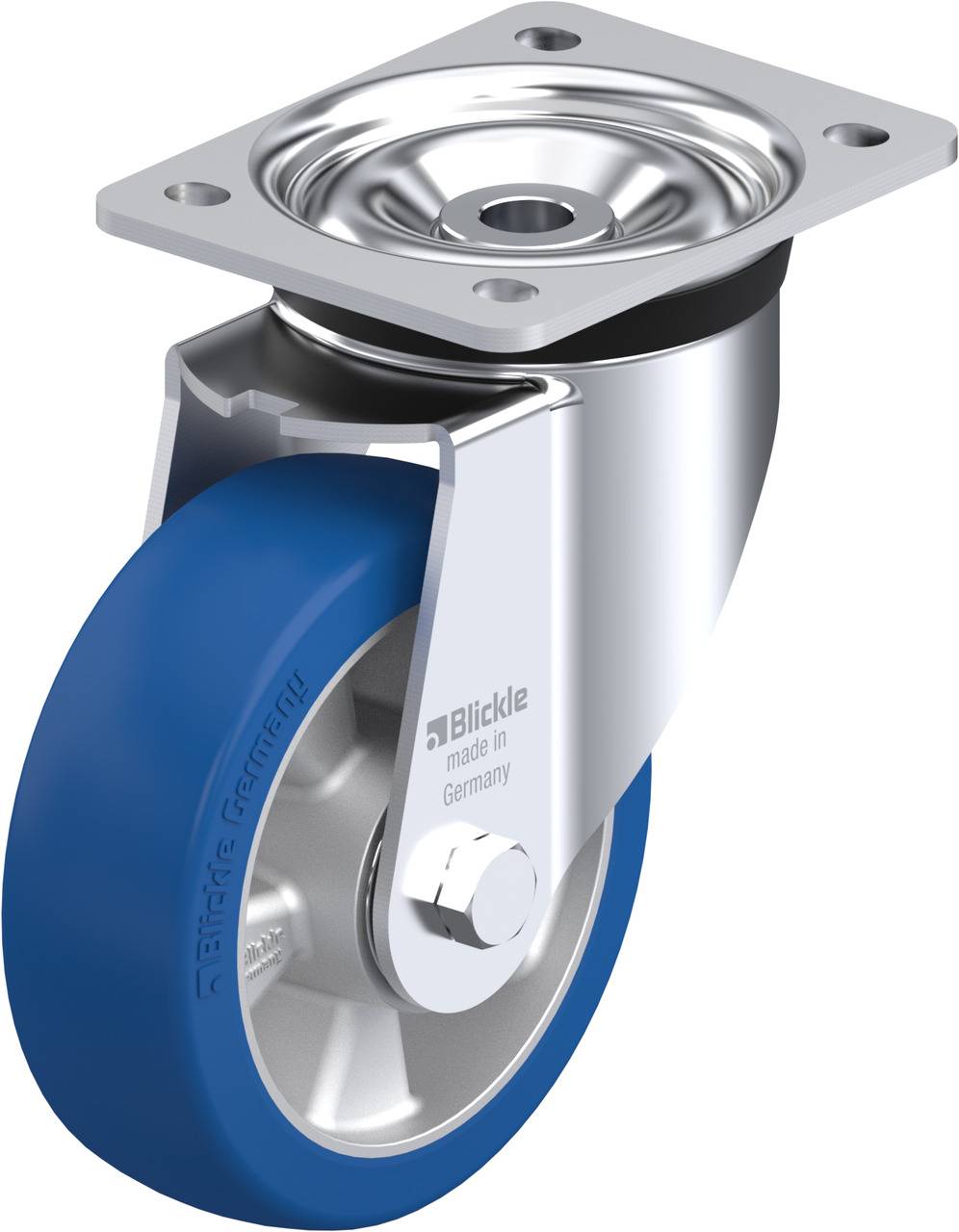 Rolle mit blauem Rad und silbernem Metallgehäuse. Oben befindet sich eine rechteckige Montageplatte. Geeignet für Industriemöbel.