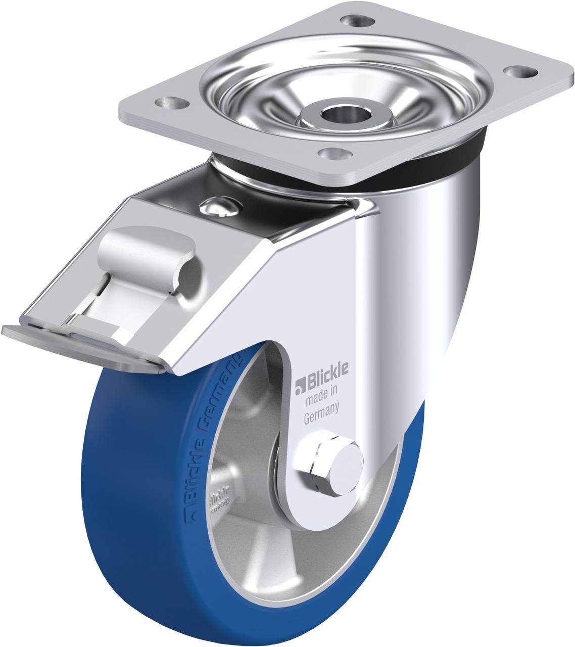 Lenkrolle aus Metall und Kunststoff mit blauer Lauffläche und Platte zur Befestigung.