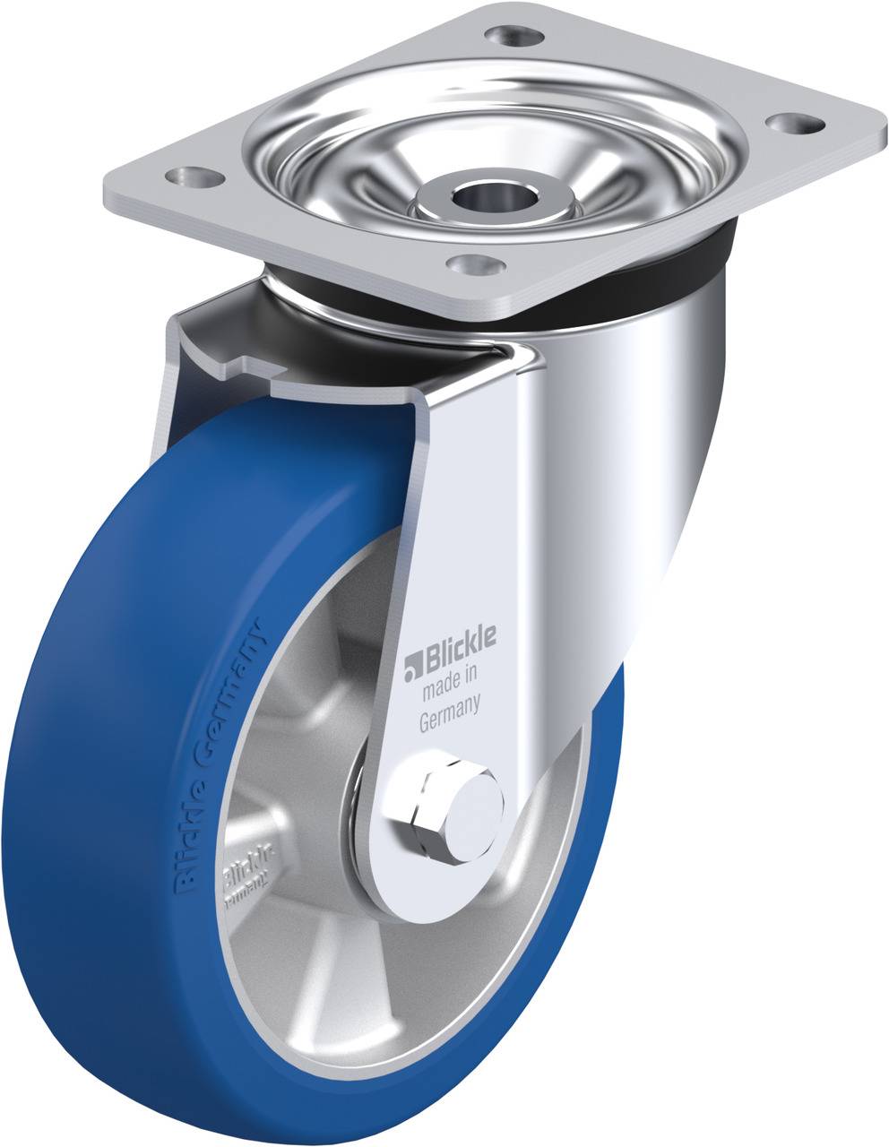 Rolle mit blauem Gummirad, silbernem Metallgehäuse und Montageplatte; Aufschrift 'Blickle made in Germany'.