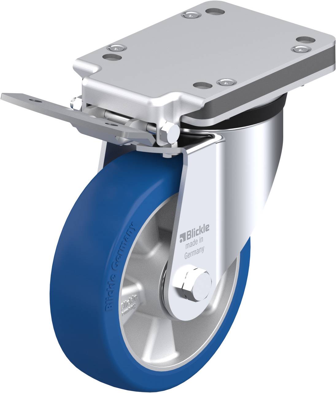 Schwenkrolle mit blauem Gummirad und Metallgehäuse. Aufschrift: 'Made in Germany'.