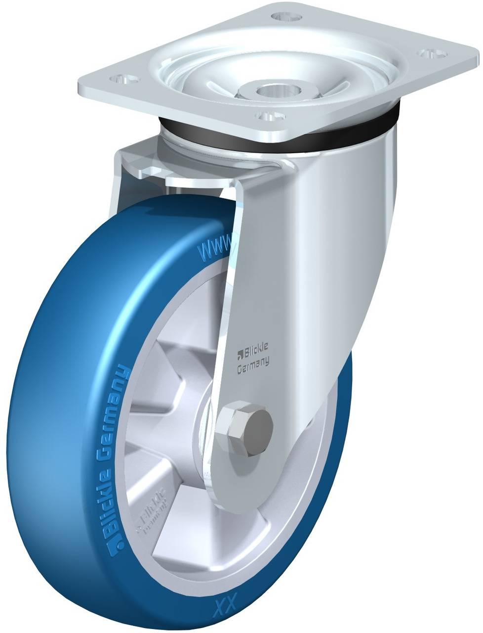 Industrie-Lenkrolle mit blauer Polyurethan-Lauffläche, silber glänzendem Gehäuse und Plattenbefestigung. Geeignet für Transportwagen.