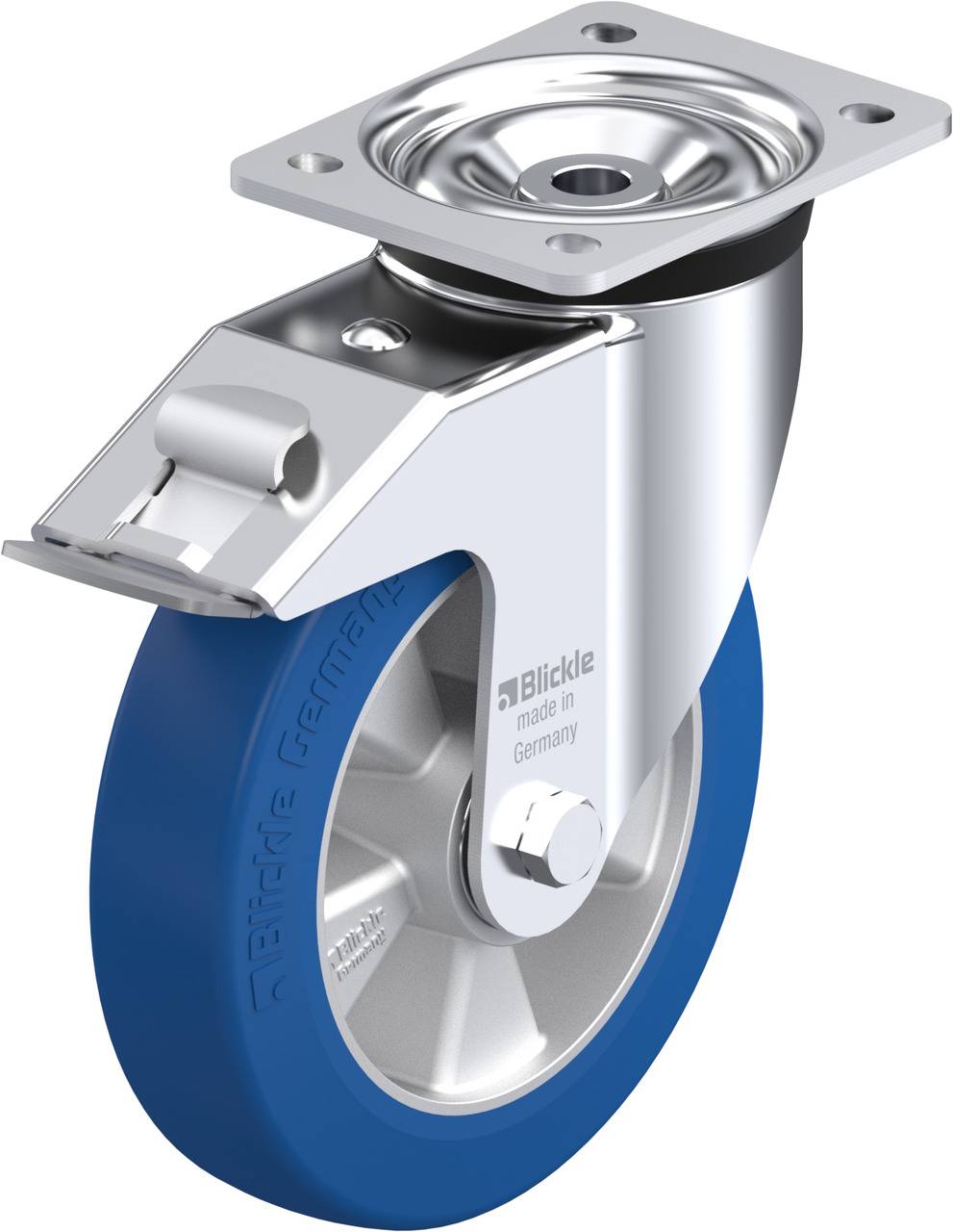 Metallenes Rad mit blauer Gummireifen, Edelstahlplatte, und 'Blickle made in Germany'-Prägung. Verwendet für Transportsysteme.
