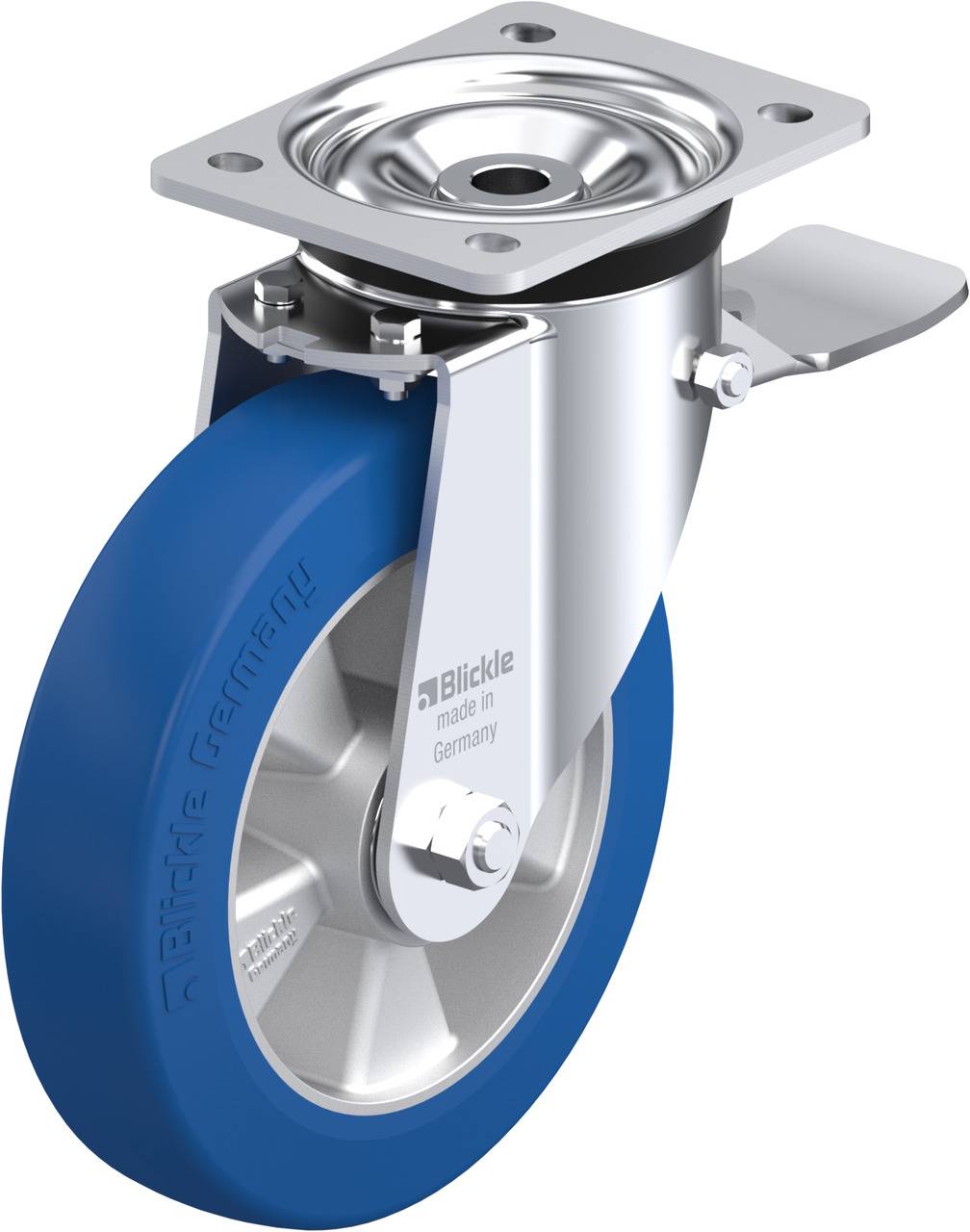 Lenkrolle mit blauem Gummirad und Metallplatte, Schriftzug 'Blickle made in Germany', geeignet für den Einsatz bei Möbeln oder Geräten.