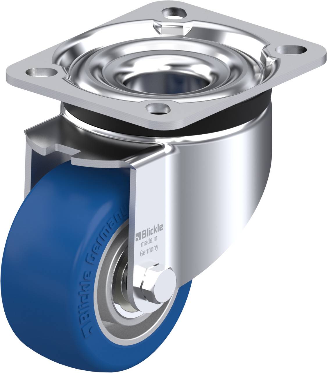 Ein blaues Lenkrolle aus Metall und Kunststoff mit Befestigungsplatte, geeignet für den industriellen Gebrauch.