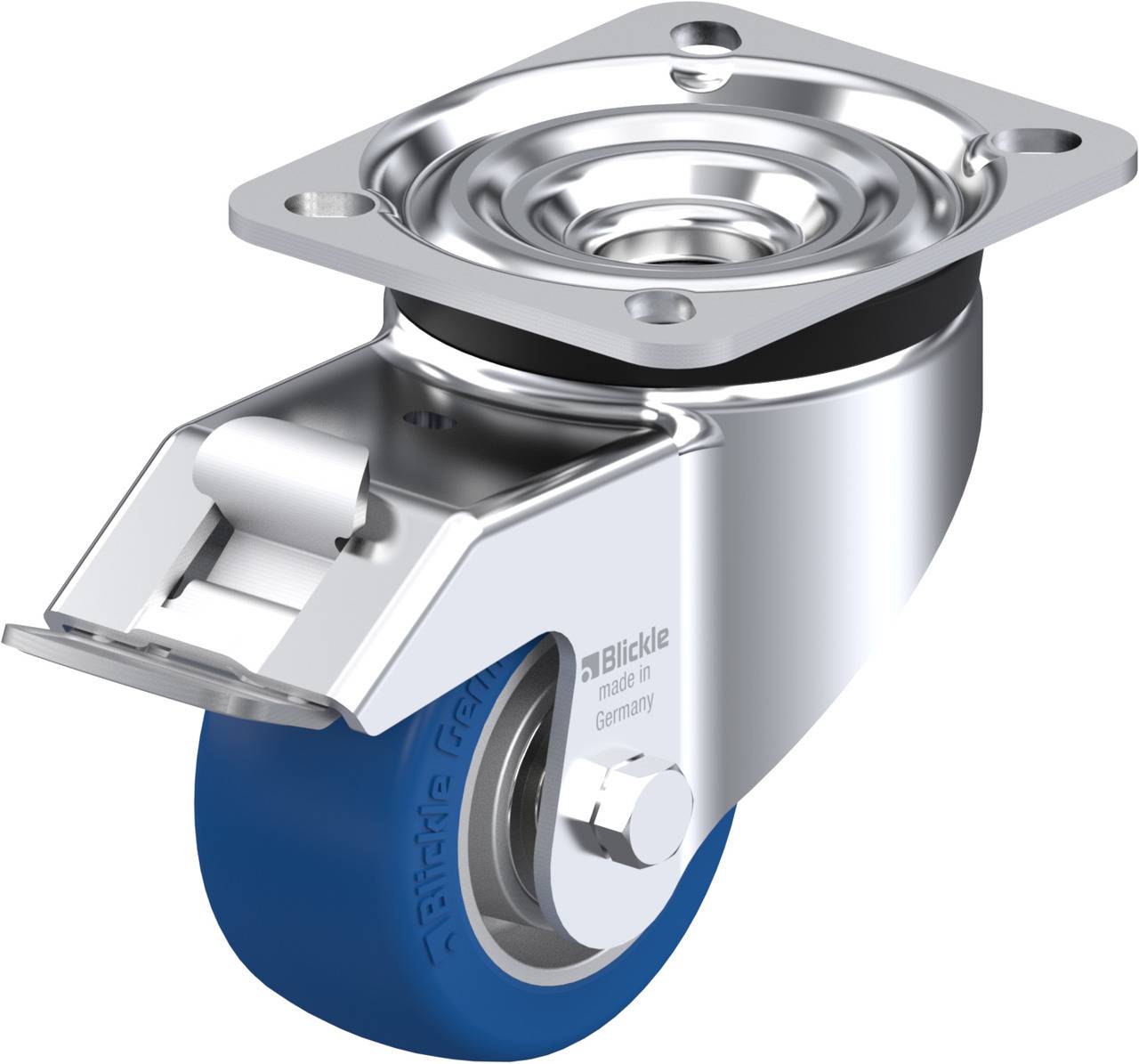 Schwenkrolle aus Metall mit blauer Gummilauffläche, geeignet für den Einsatz in Industrieumgebungen, trägt Text 'Blickle' und 'made in Germany'.