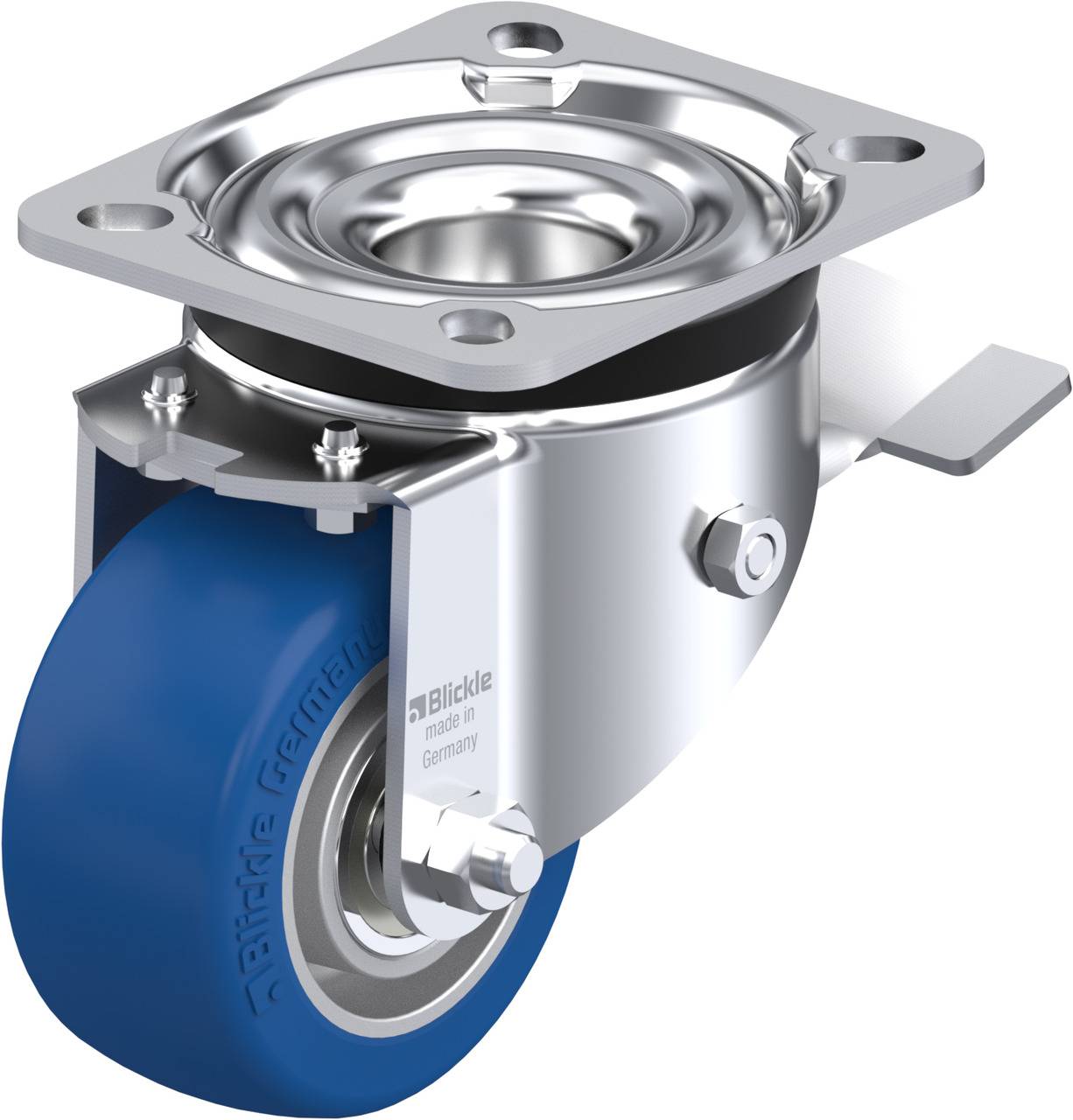 Schwenkrolle aus Metall mit blauer Gummirad.