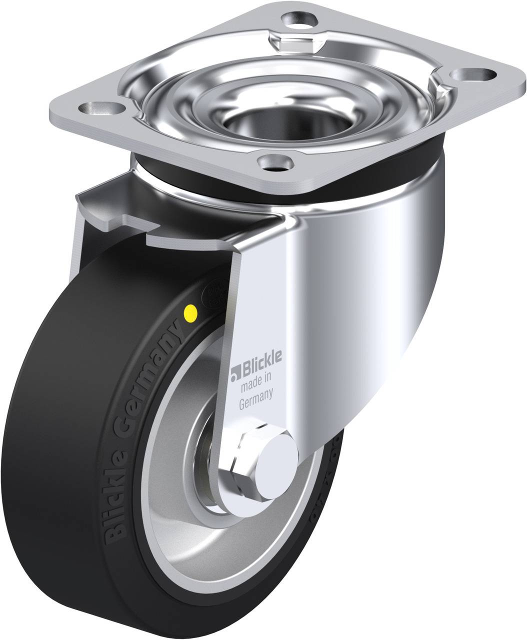 Rollenhalterung aus Metall mit einem schwarzen Rad. Die Halterung hat einen drehbaren Mechanismus und ist für verschiedene Anwendungen geeignet.