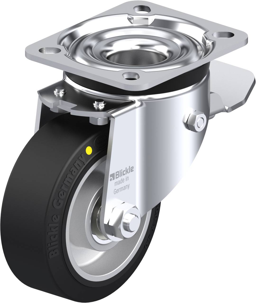 Industrielle Laufrolle mit stabiler Metallhalterung und schwarzem Gummi-Rad, geeignet für schwere Anwendungen, Marke Blickle.