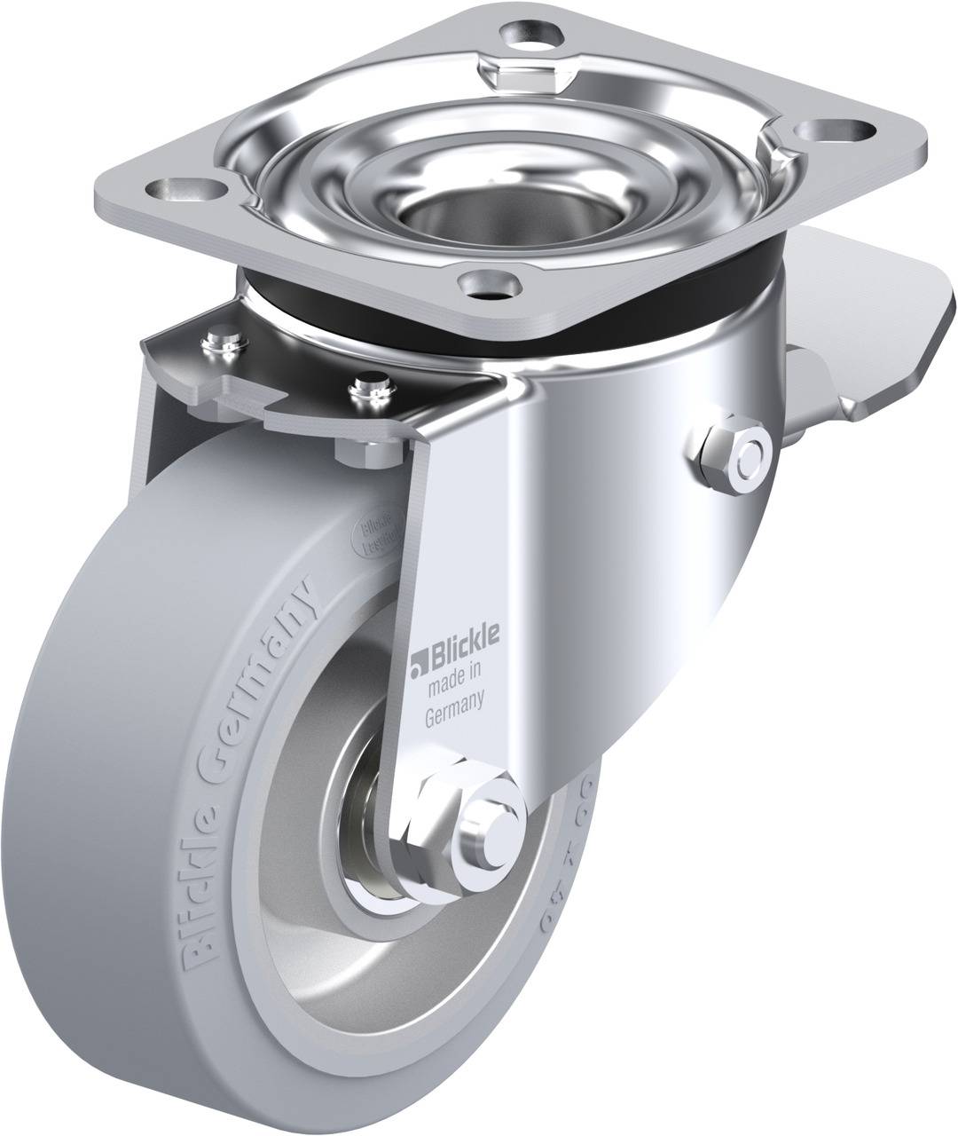 Lenkrolle aus Metall mit grauem Rad und Flanschplatte.