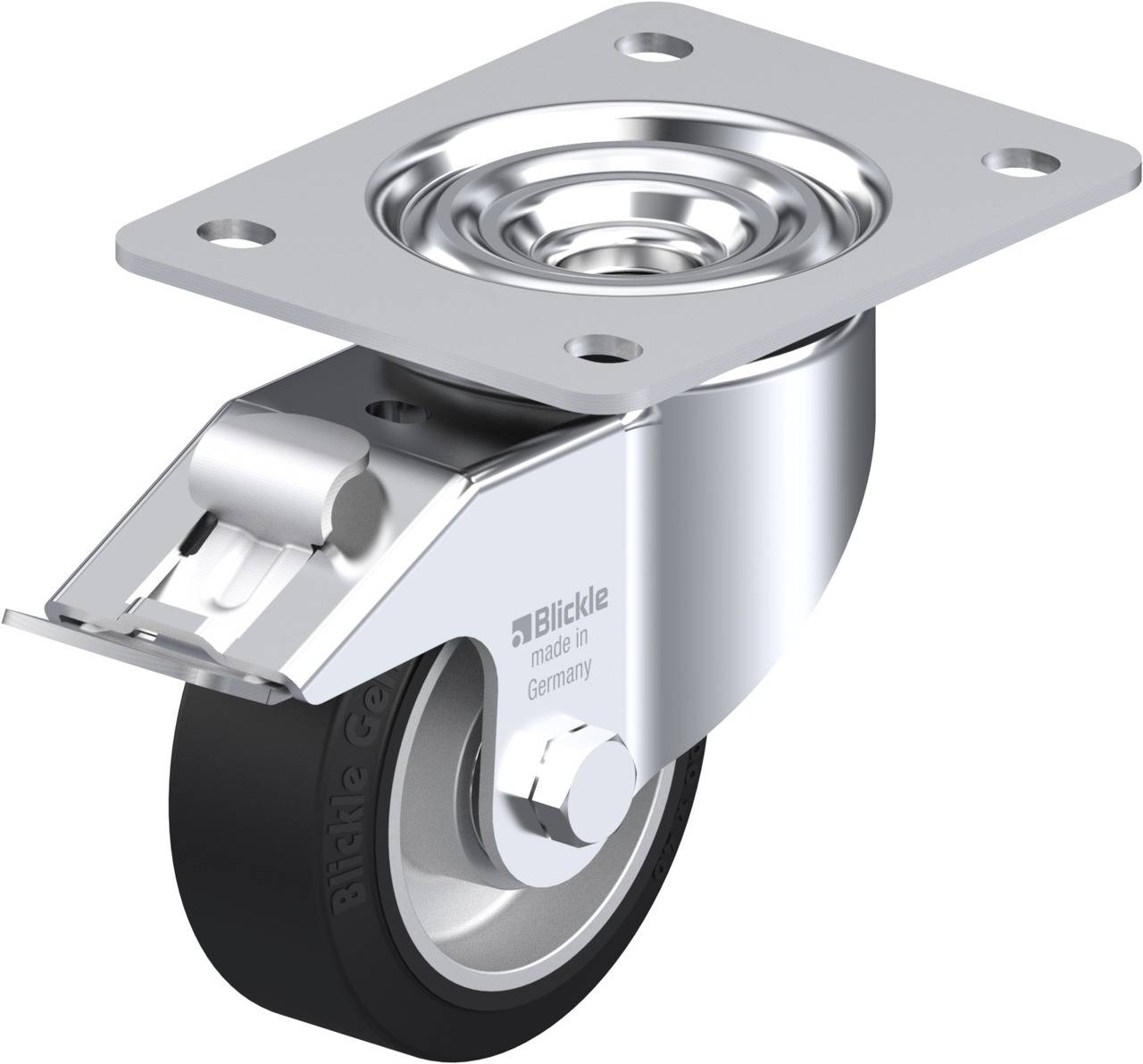 Metallrolle mit drehbarer Platte und Bremse, hergestellt von Blickle in Deutschland. Ideal für Möbel oder Transportgeräte.