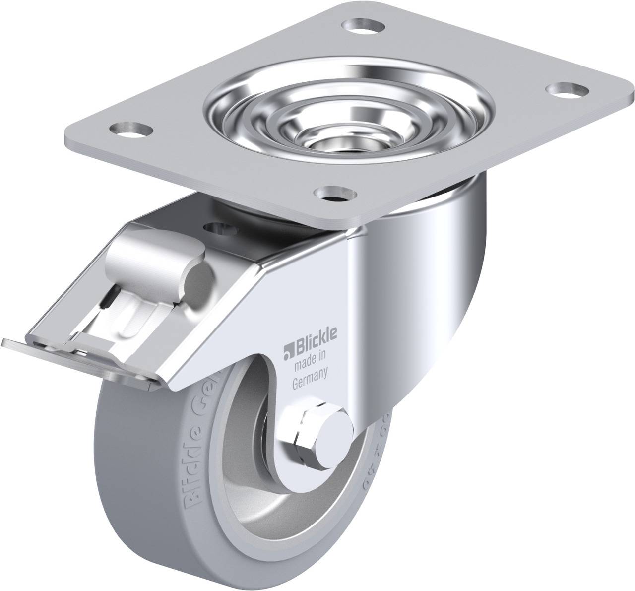 Ein silbernes Lenkrollenrad mit grau beschichteter Lauffläche und rechteckiger Montageplatte. Text 'Blickle made in Germany' sichtbar.