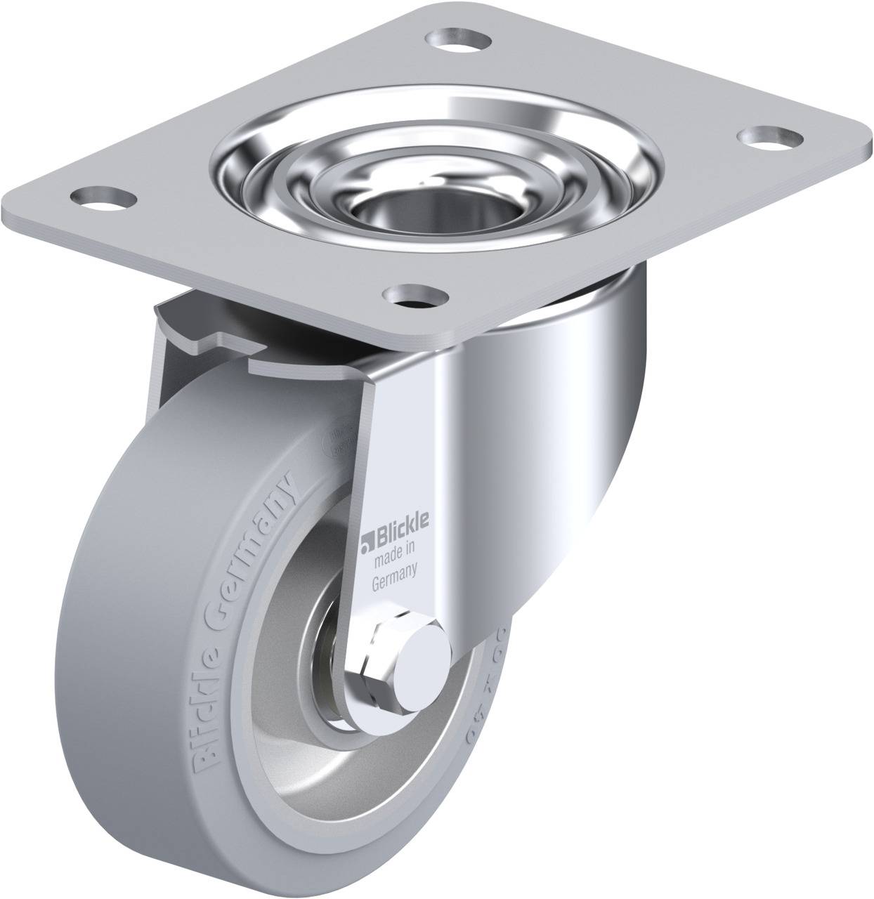 Schwenkrolle mit grauem Gummirad und silbernem Metallgehäuse, geeignet für Möblierung oder industrielle Anwendungen.