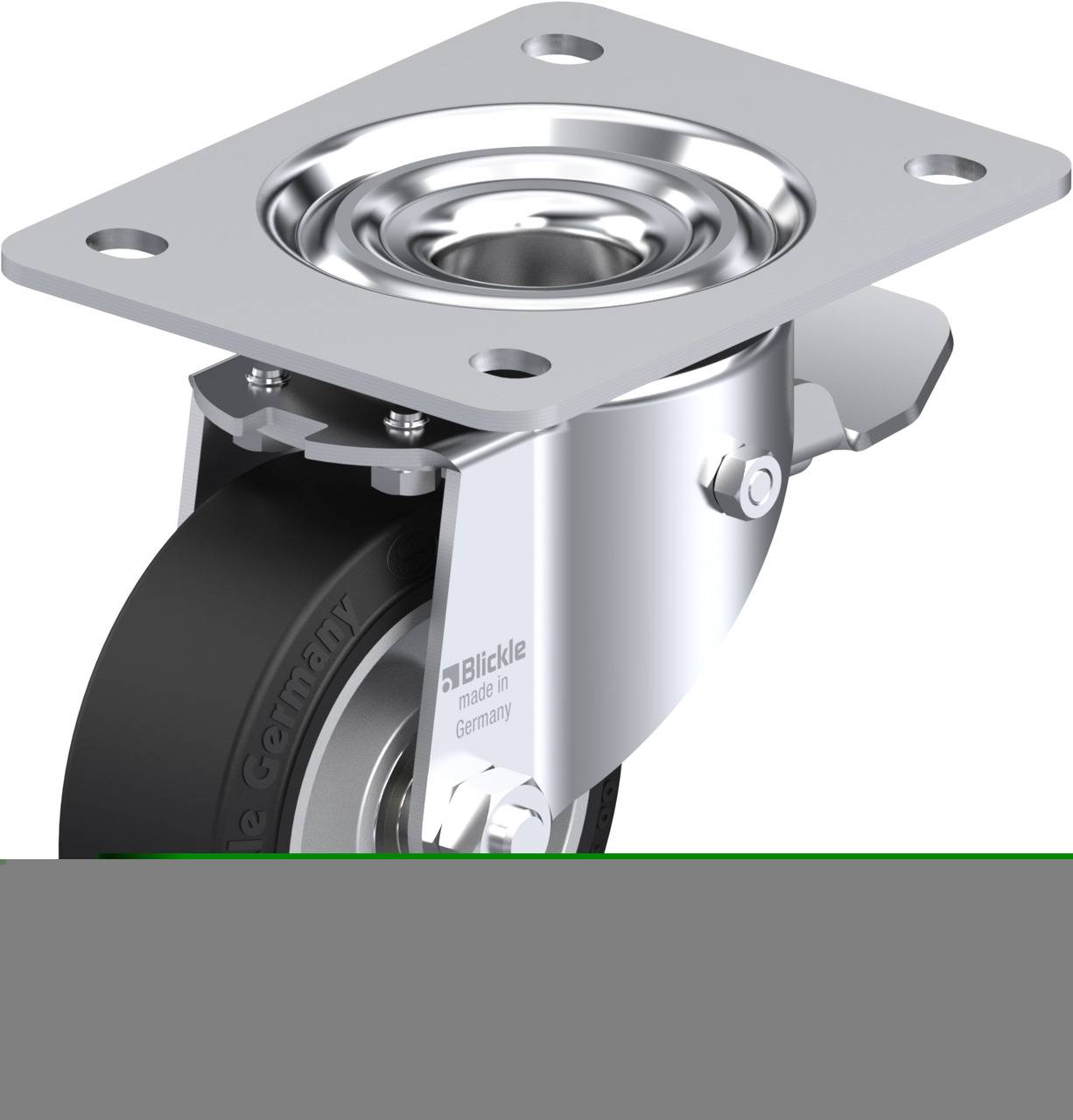 Metallisches Lenkrollenrad mit schwarzem Rad und Befestigungsplatte. Geeignet für Möbel oder Geräte, bietet Beweglichkeit.